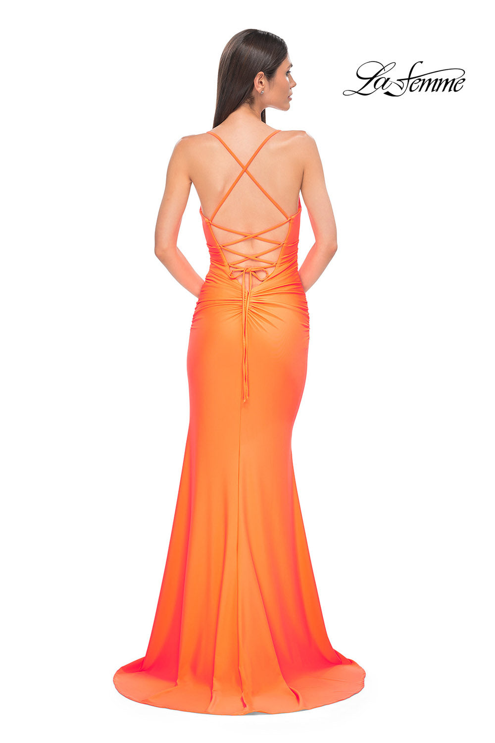 La Femme 32851 prom dress images. La Femme 32851 is available in these colors: Bright Orange, Cloud Blue, Ivory, Pale Yellow, Red, Royal Blue.