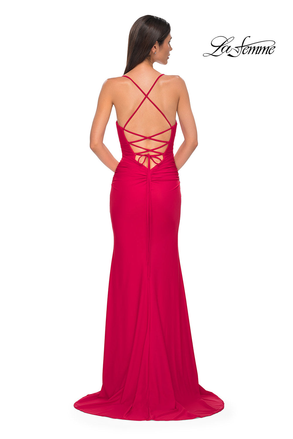 La Femme 32851 prom dress images. La Femme 32851 is available in these colors: Bright Orange, Cloud Blue, Ivory, Pale Yellow, Red, Royal Blue.