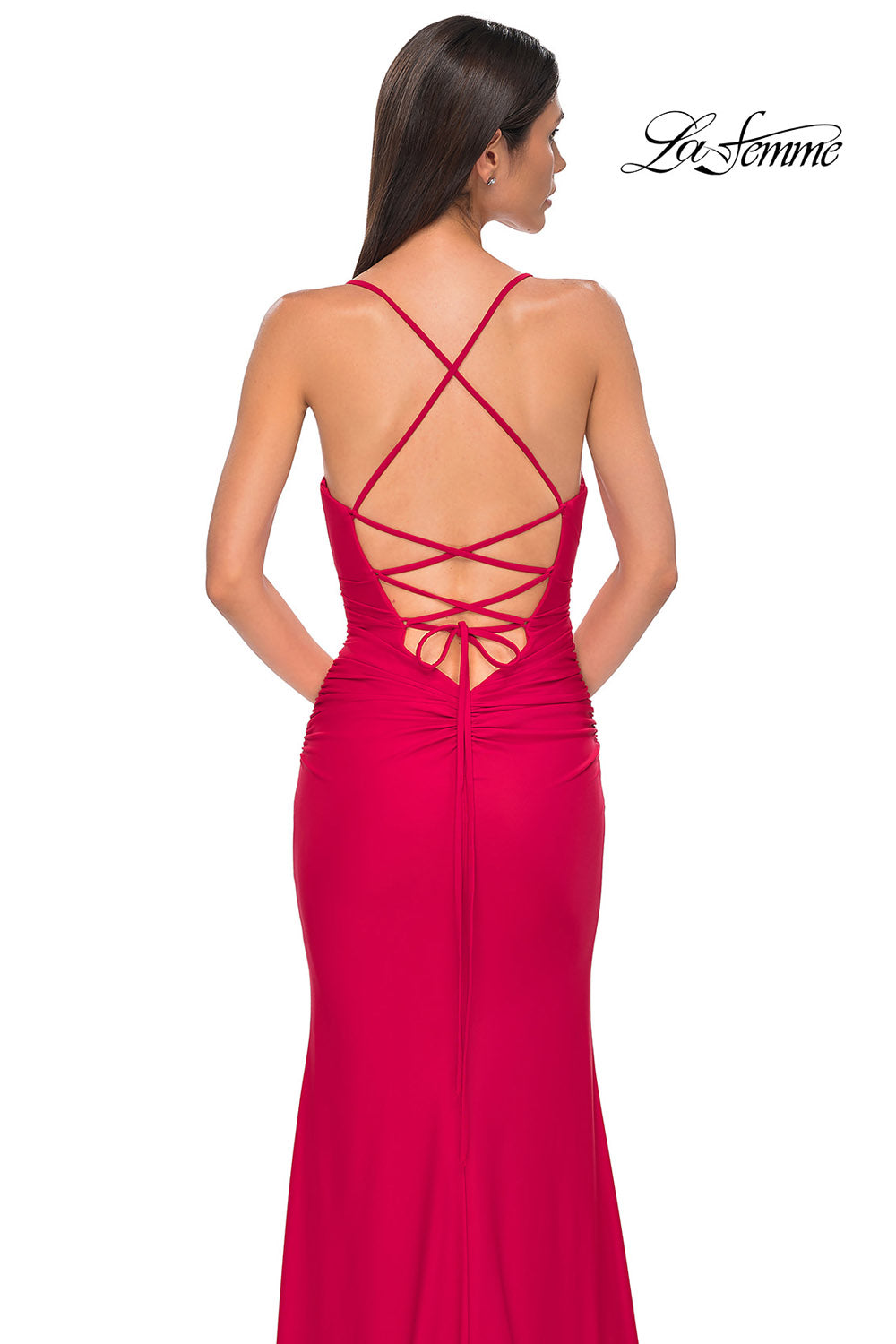 La Femme 32851 prom dress images. La Femme 32851 is available in these colors: Bright Orange, Cloud Blue, Ivory, Pale Yellow, Red, Royal Blue.