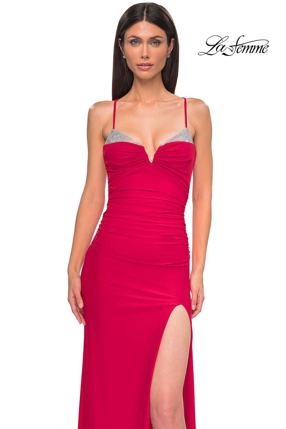 La Femme 32851 prom dress images. La Femme 32851 is available in these colors: Bright Orange, Cloud Blue, Ivory, Pale Yellow, Red, Royal Blue.