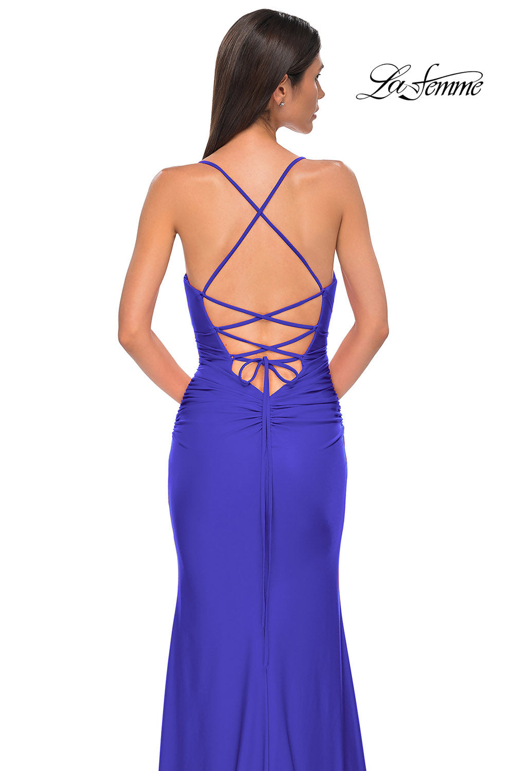 La Femme 32851 prom dress images. La Femme 32851 is available in these colors: Bright Orange, Cloud Blue, Ivory, Pale Yellow, Red, Royal Blue.