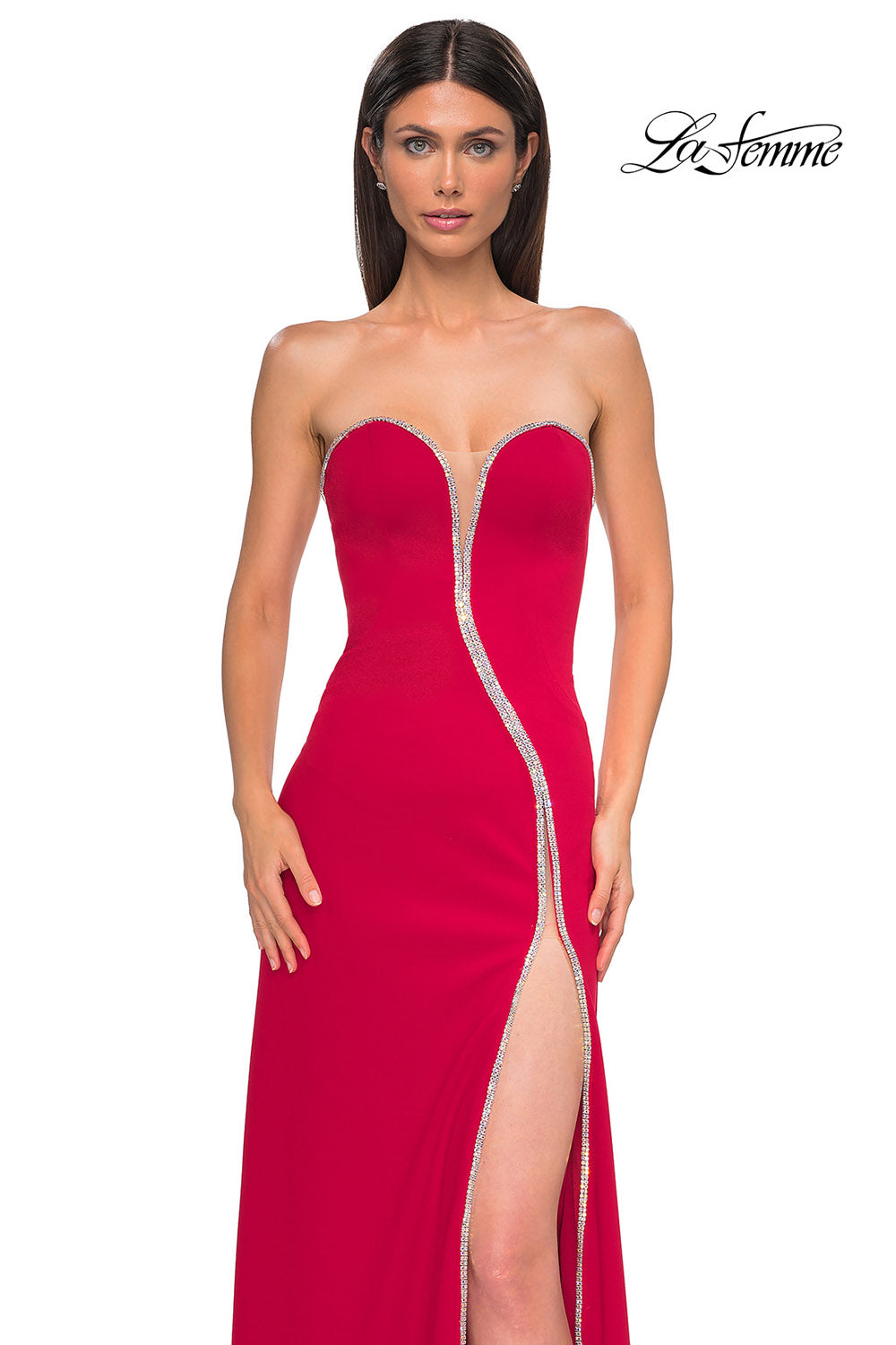 La Femme 32854 prom dress images. La Femme 32854 is available in these colors: Black, Ivory, Red.