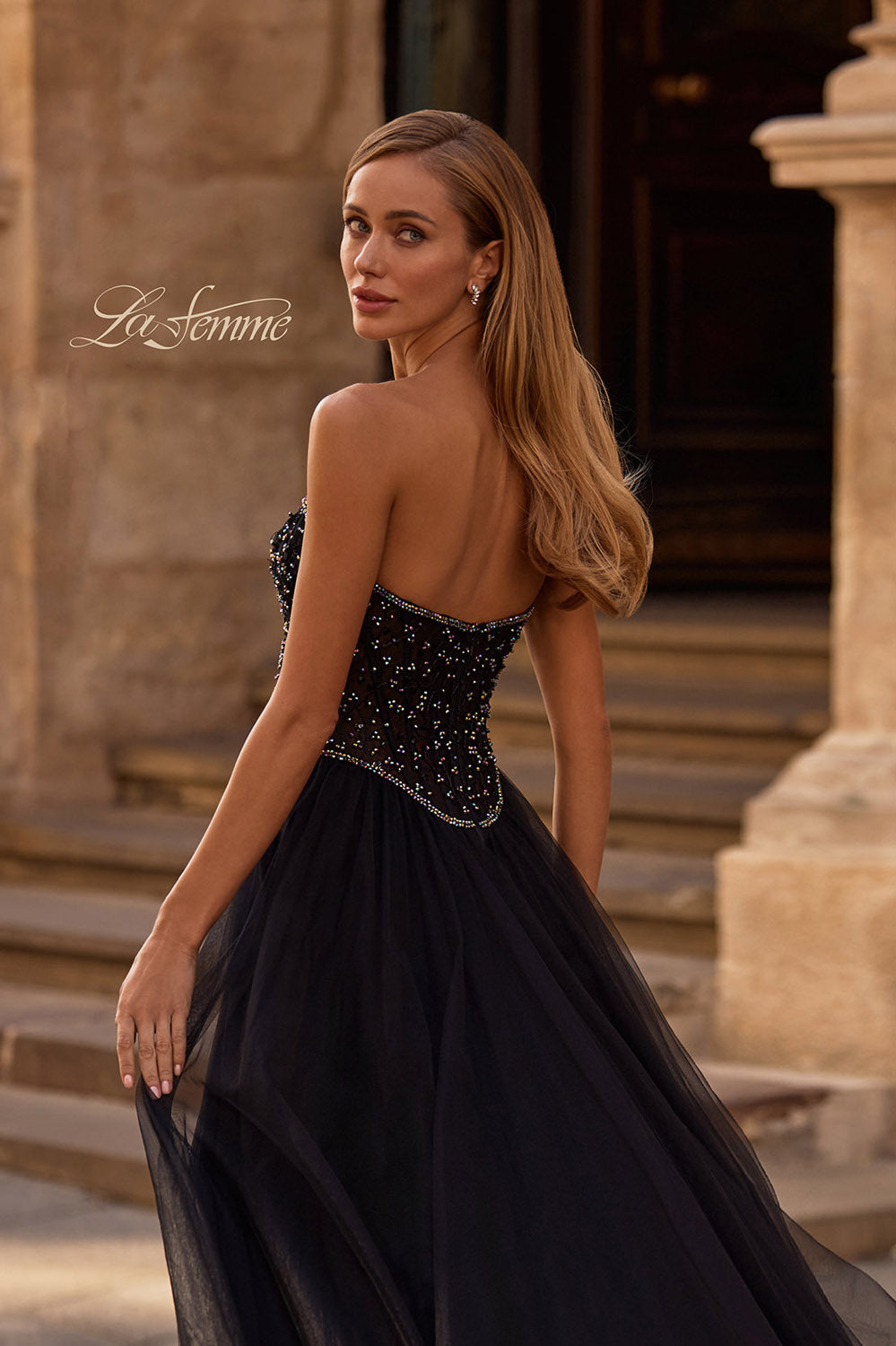 La Femme 32856 prom dress images. La Femme 32856 is available in these colors: Black.