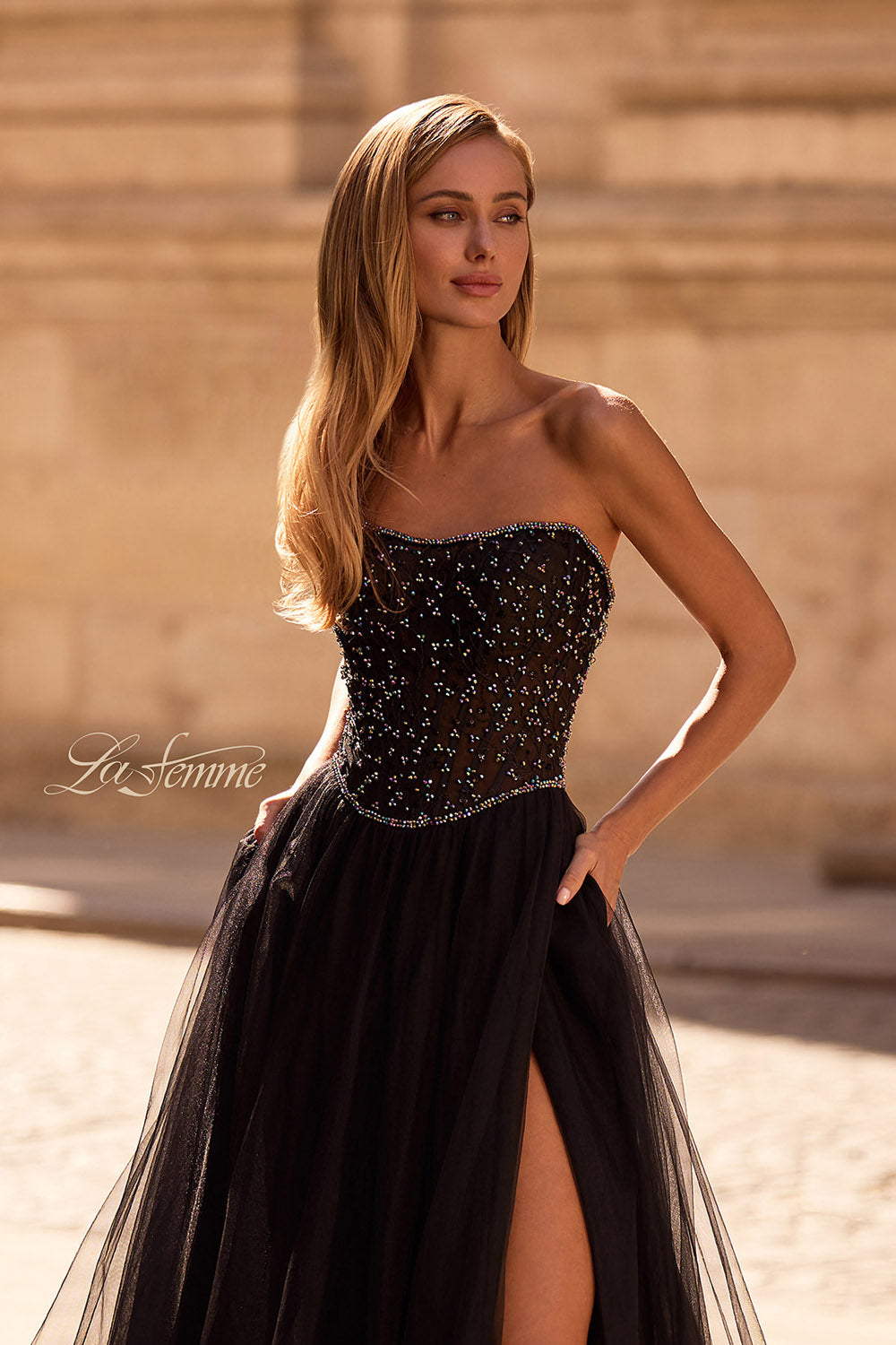 La Femme 32856 prom dress images. La Femme 32856 is available in these colors: Black.
