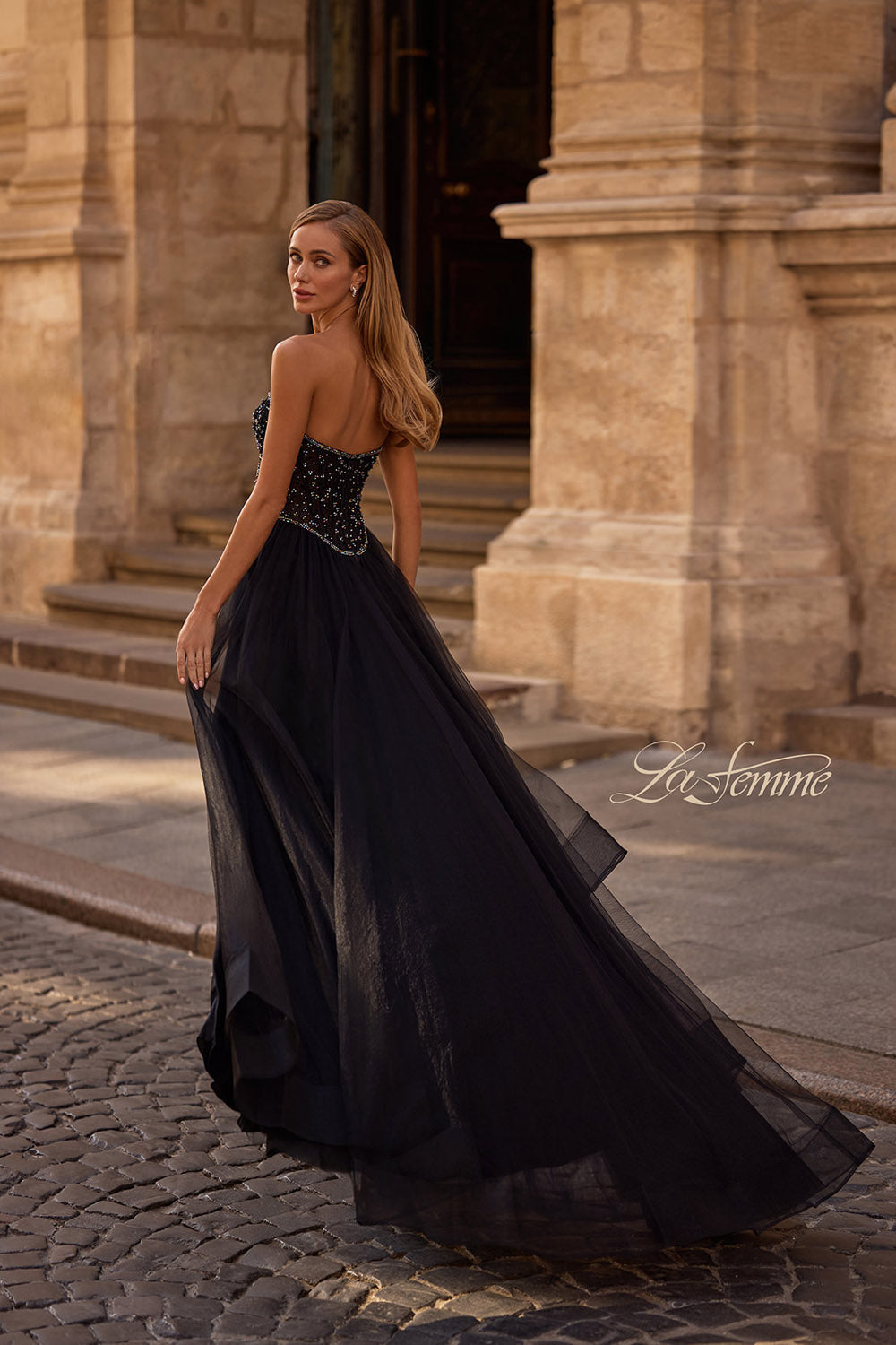 La Femme 32856 prom dress images. La Femme 32856 is available in these colors: Black.
