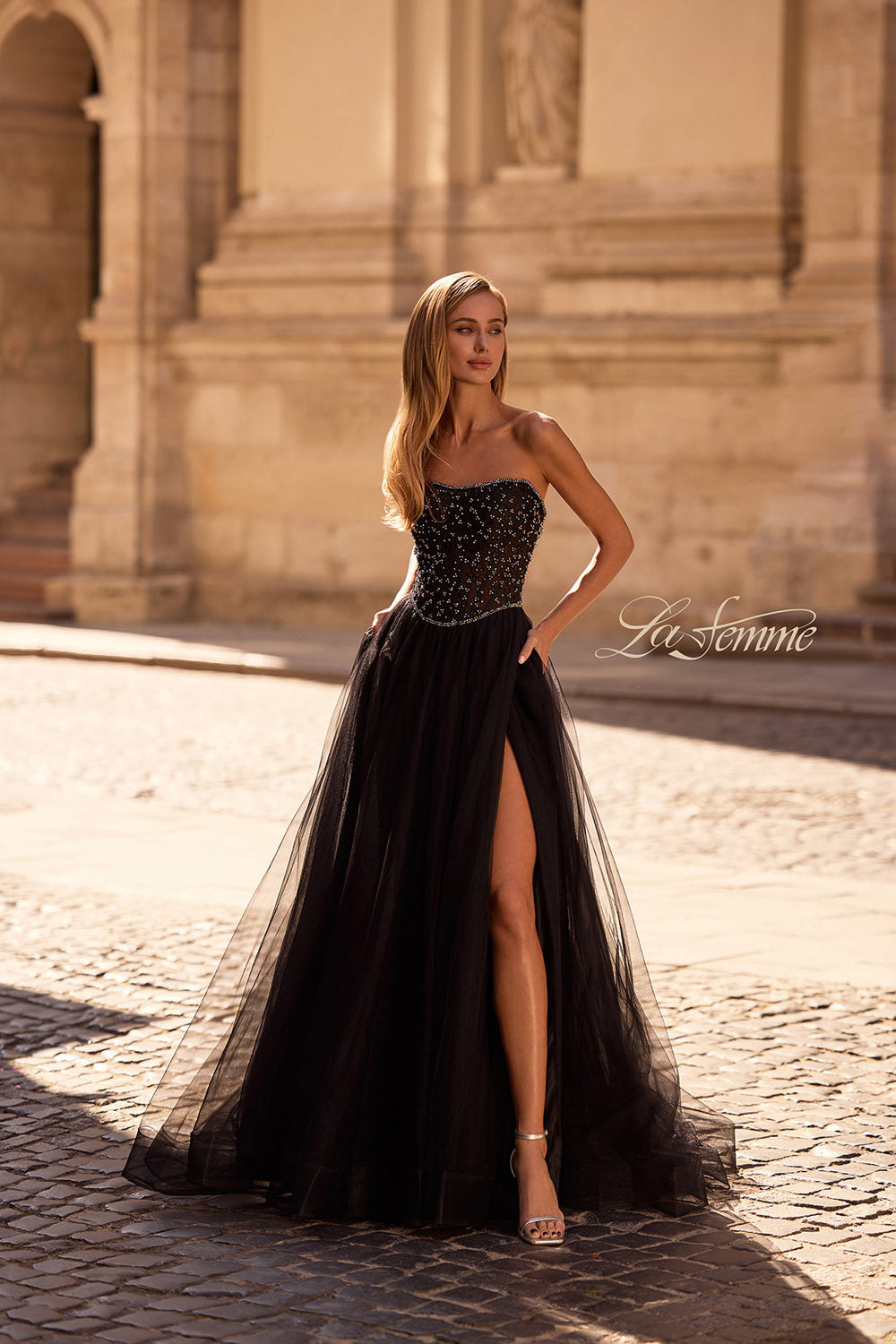 La Femme 32856 prom dress images. La Femme 32856 is available in these colors: Black.