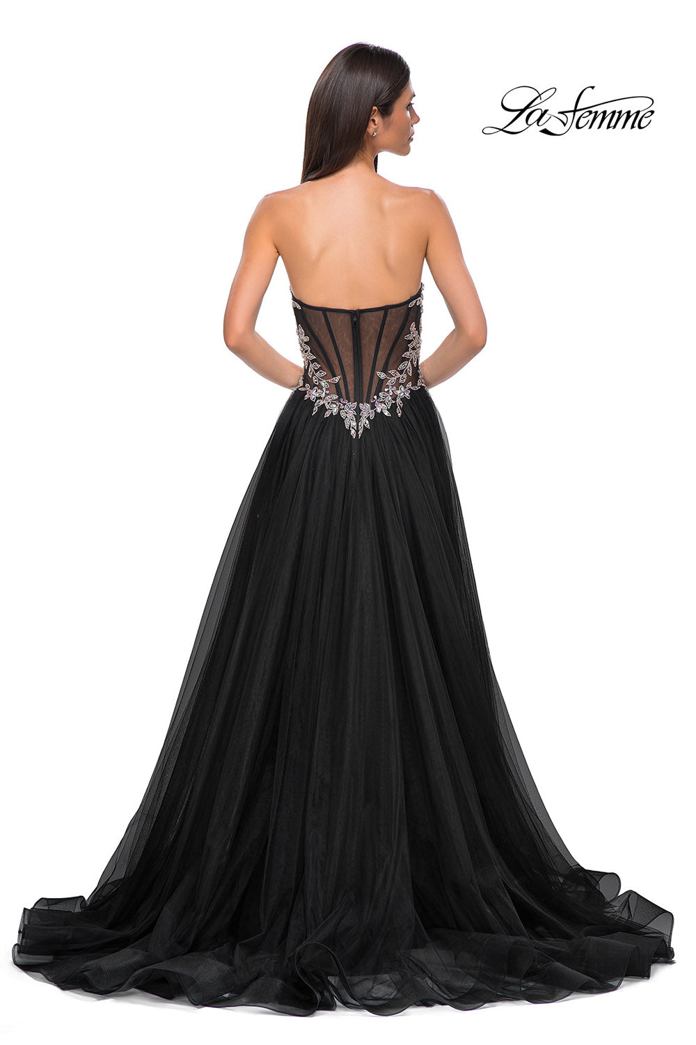 La Femme 32862 prom dress images. La Femme 32862 is available in these colors: Black, Blush, Dusty Blue.