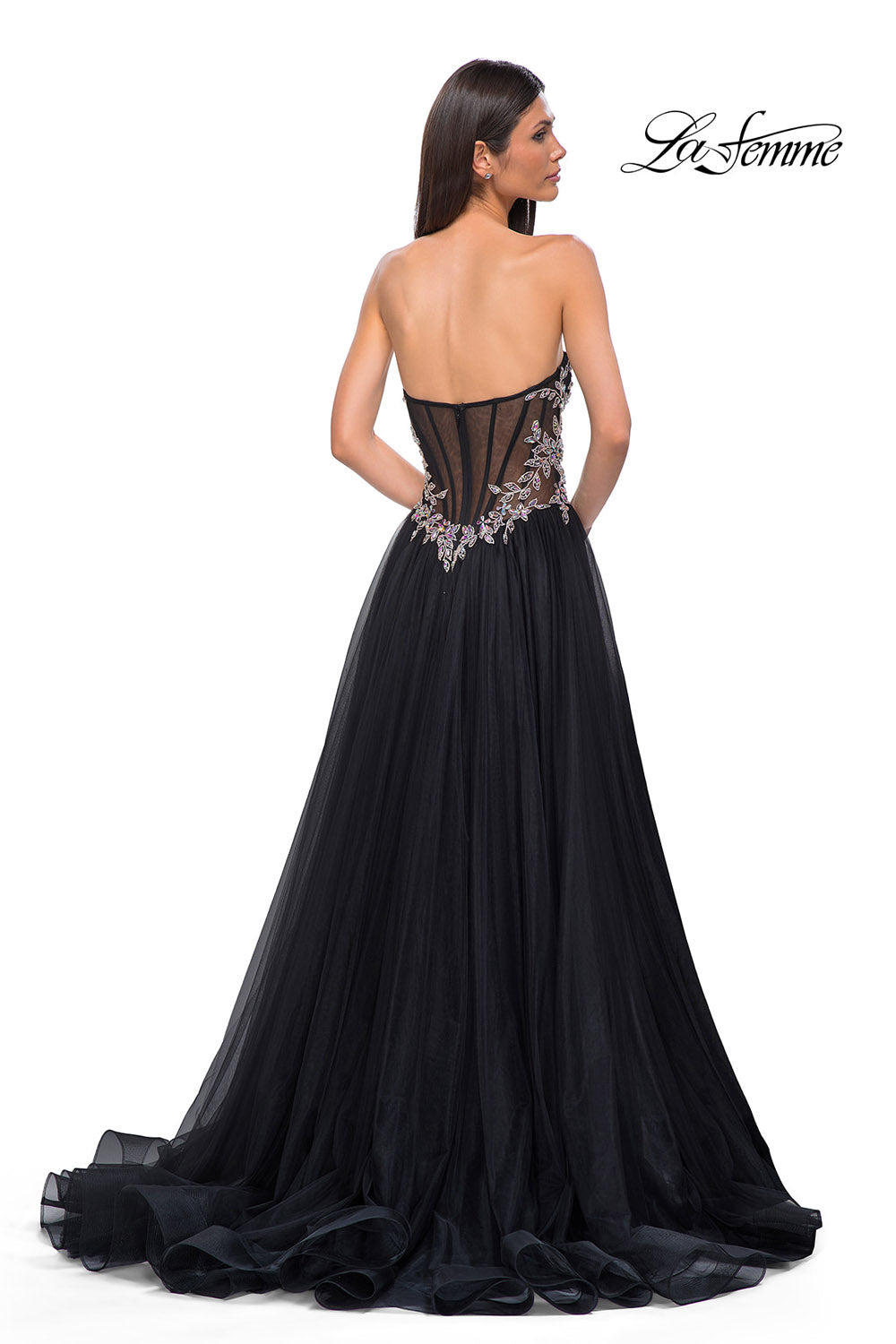 La Femme 32862 prom dress images. La Femme 32862 is available in these colors: Black, Blush, Dusty Blue.