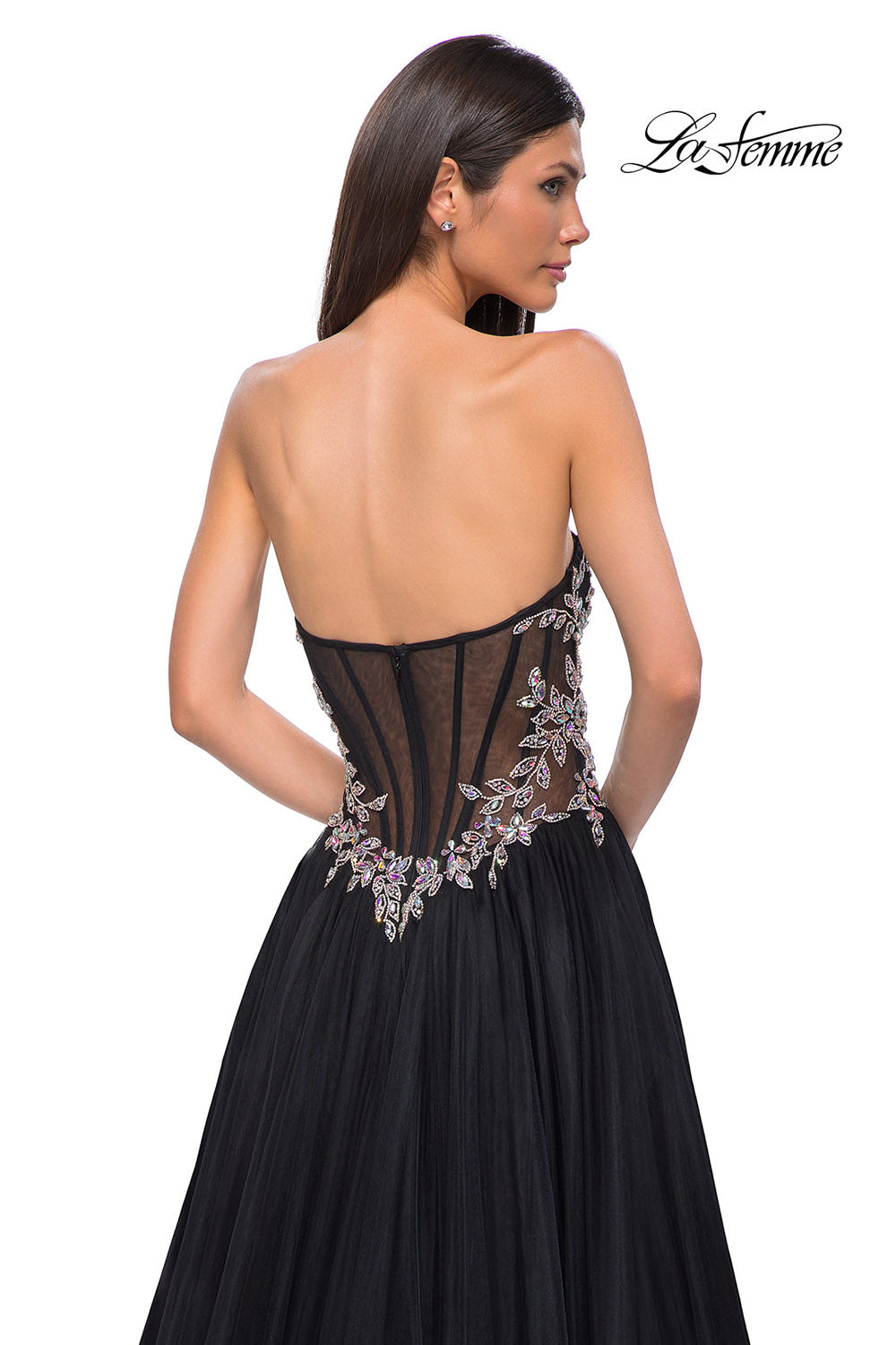 La Femme 32862 prom dress images. La Femme 32862 is available in these colors: Black, Blush, Dusty Blue.
