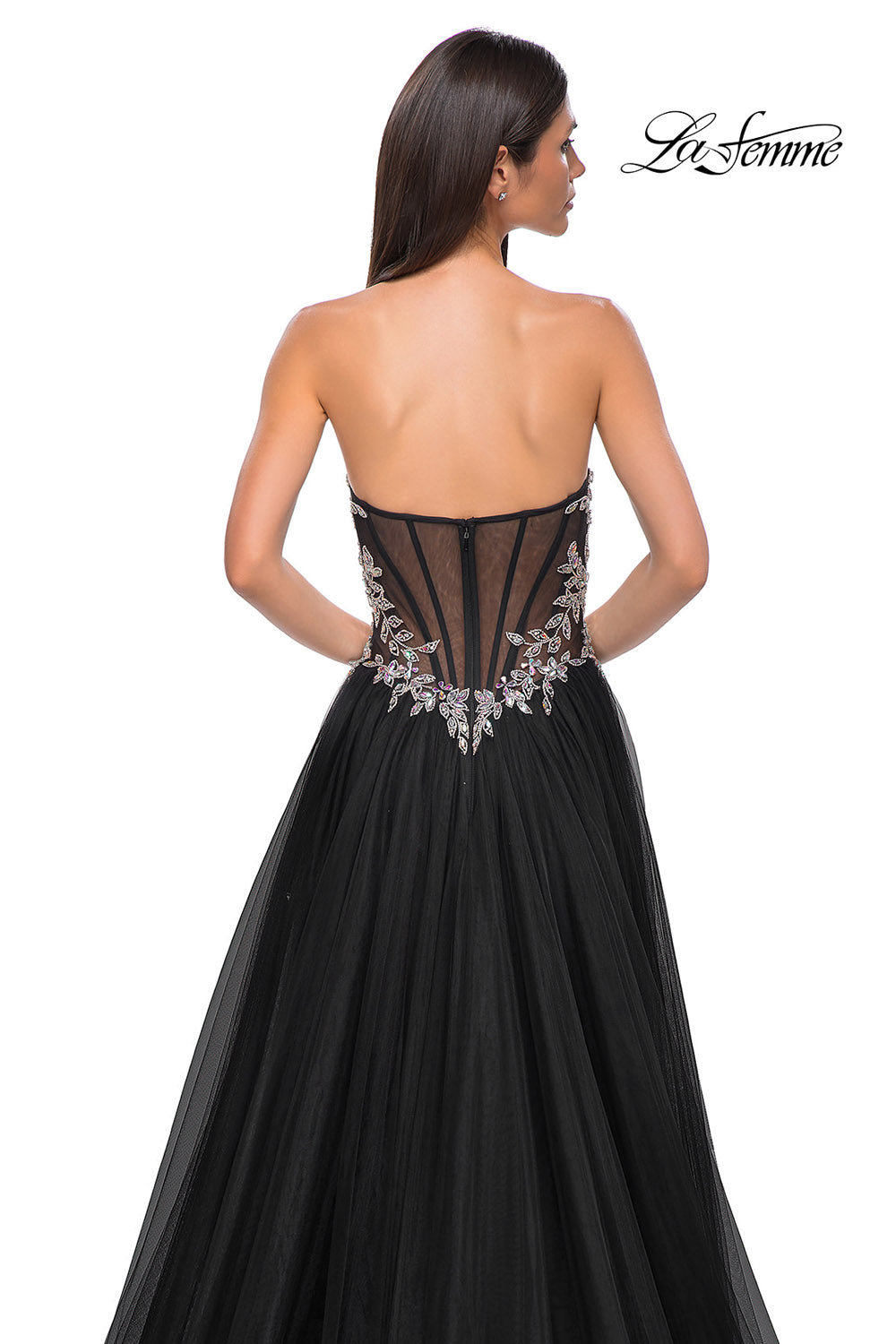 La Femme 32862 prom dress images. La Femme 32862 is available in these colors: Black, Blush, Dusty Blue.