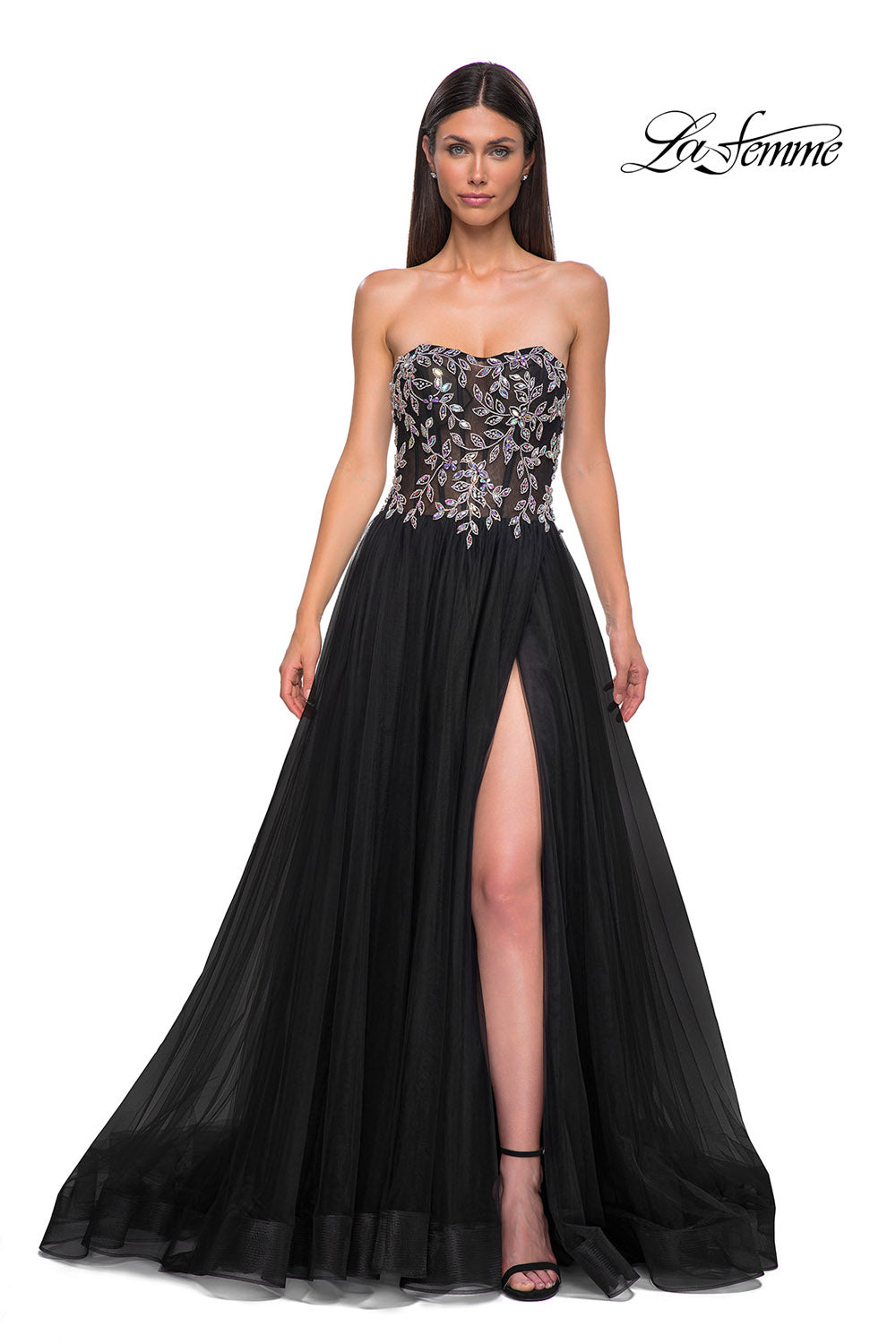La Femme 32862 prom dress images. La Femme 32862 is available in these colors: Black, Blush, Dusty Blue.