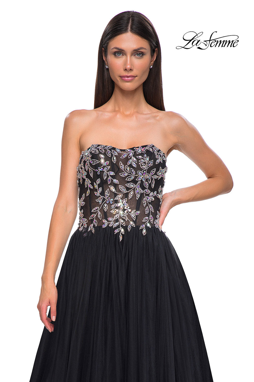 La Femme 32862 prom dress images. La Femme 32862 is available in these colors: Black, Blush, Dusty Blue.