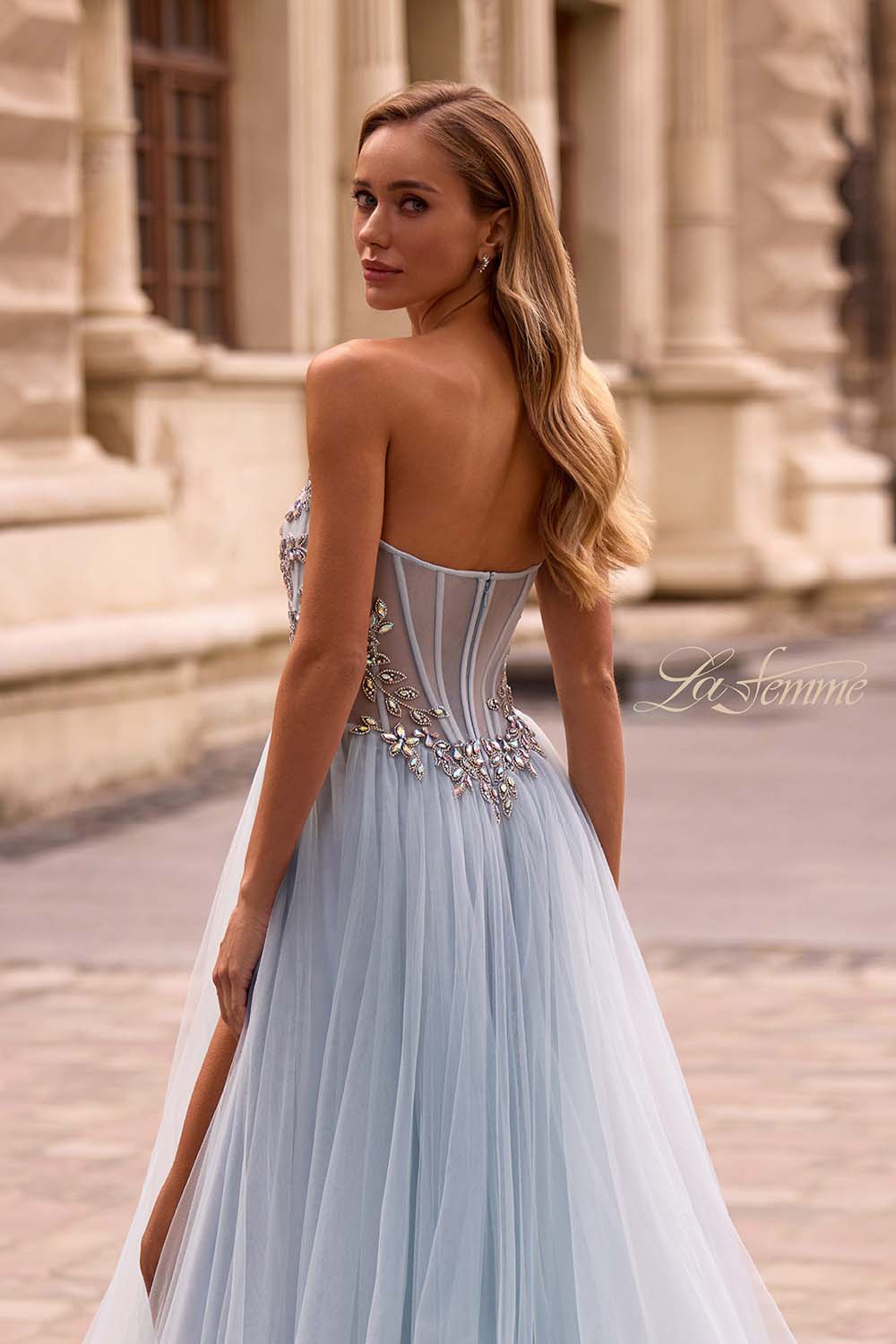 La Femme 32862 prom dress images. La Femme 32862 is available in these colors: Black, Blush, Dusty Blue.