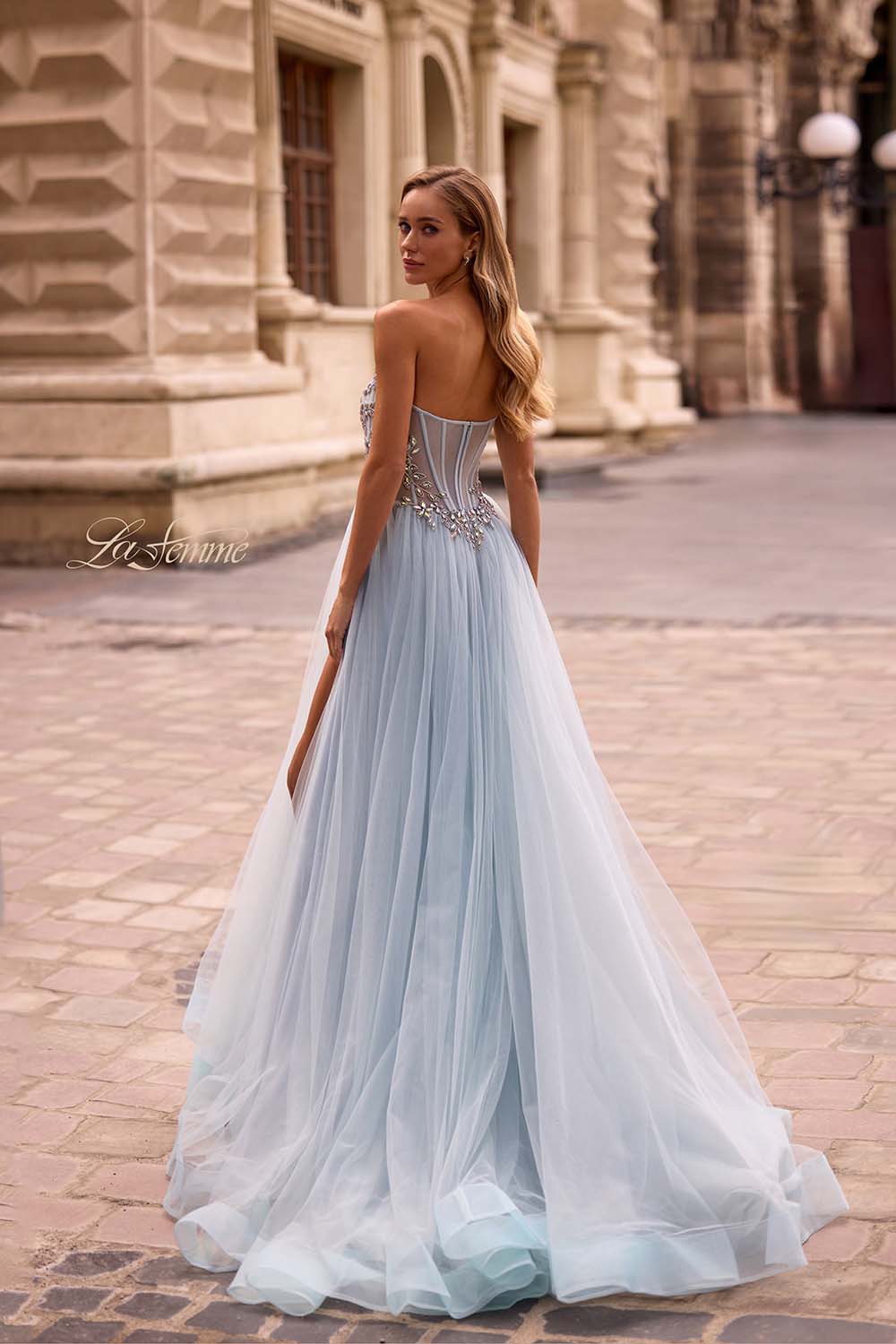 La Femme 32862 prom dress images. La Femme 32862 is available in these colors: Black, Blush, Dusty Blue.