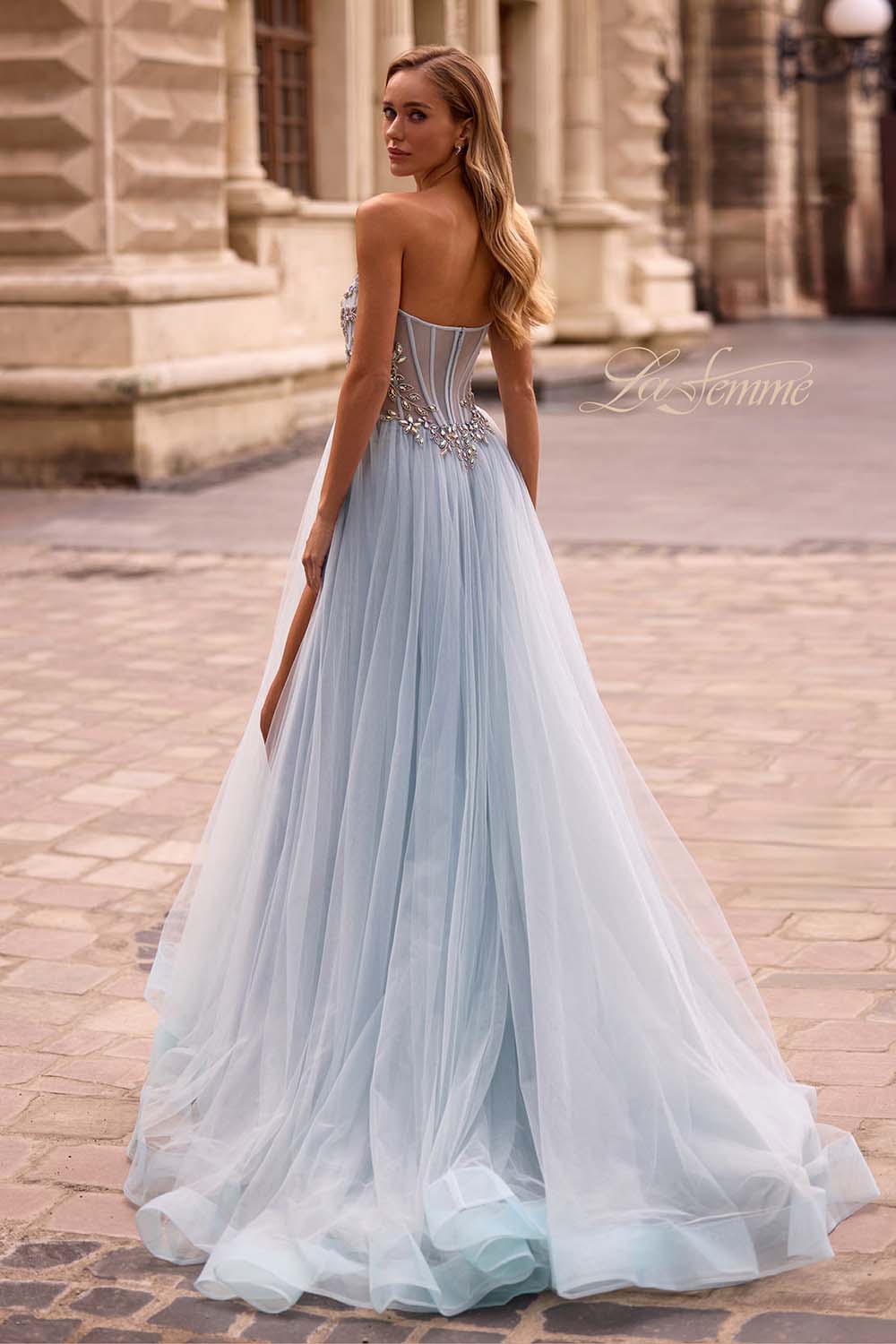 La Femme 32862 prom dress images. La Femme 32862 is available in these colors: Black, Blush, Dusty Blue.