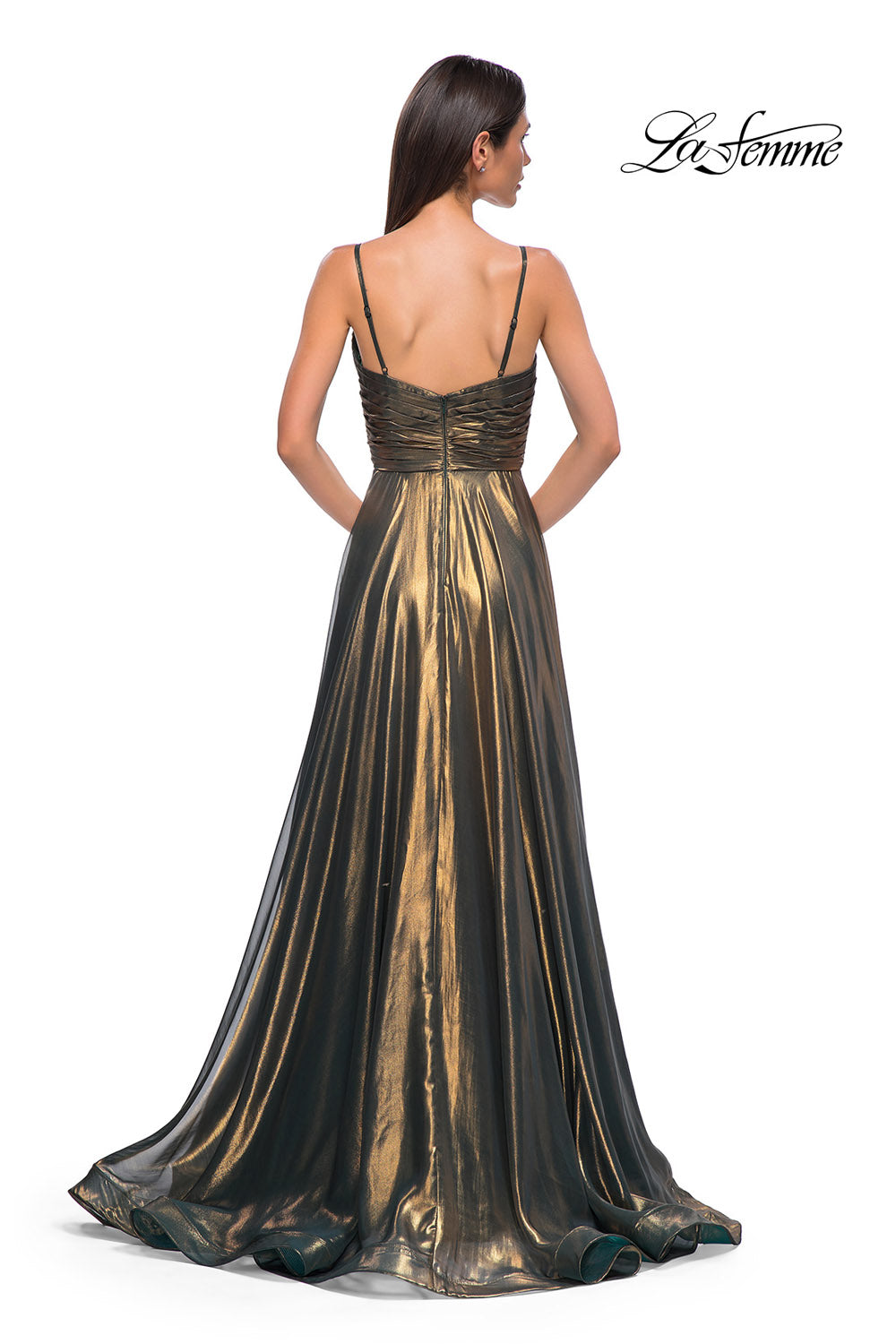 La Femme 32864 prom dress images. La Femme 32864 is available in these colors: Emerald Gold, Light Gold.