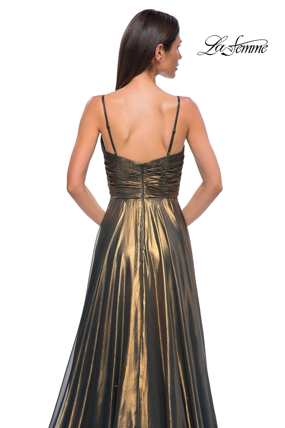 La Femme 32864 prom dress images. La Femme 32864 is available in these colors: Emerald Gold, Light Gold.