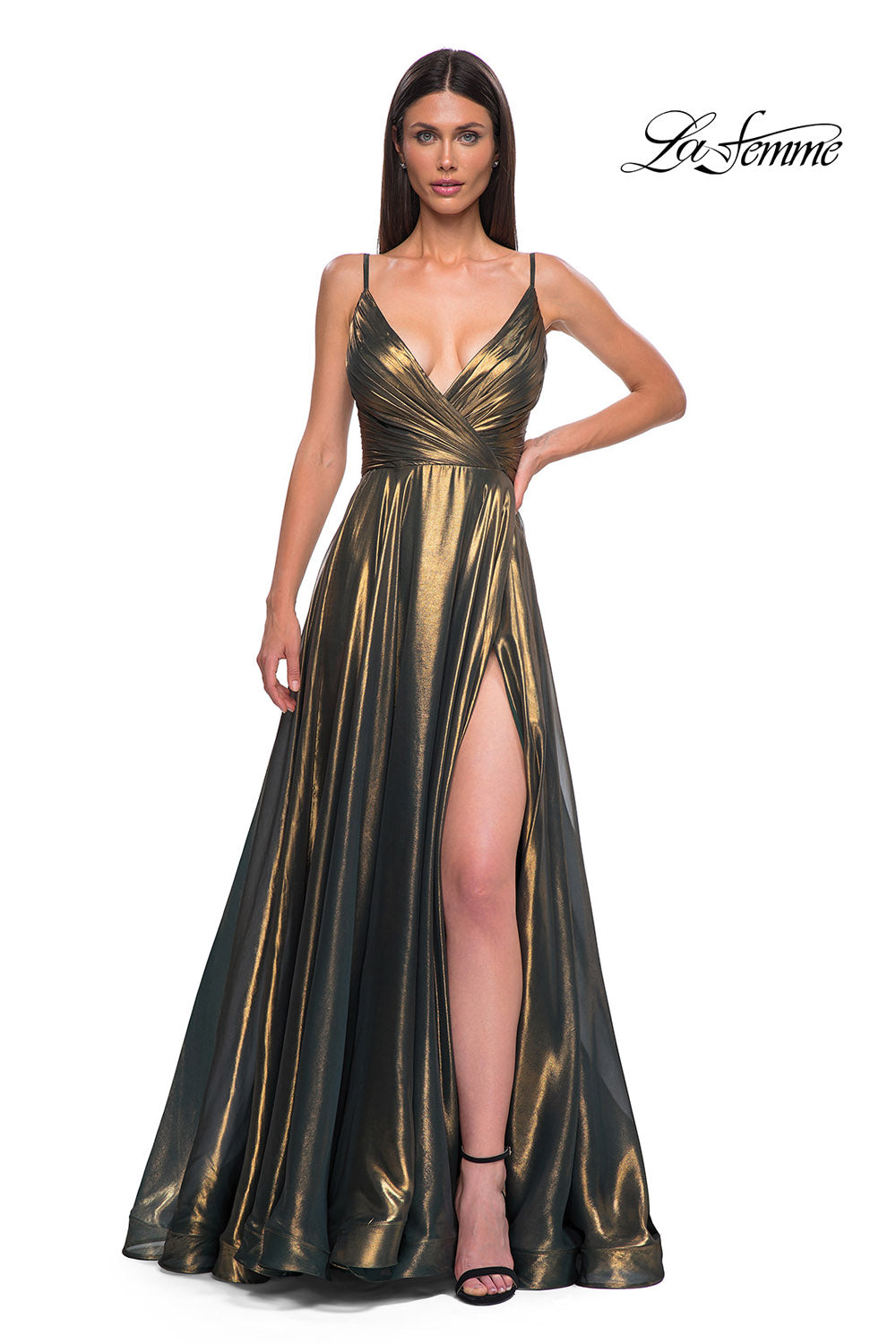 La Femme 32864 prom dress images. La Femme 32864 is available in these colors: Emerald Gold, Light Gold.