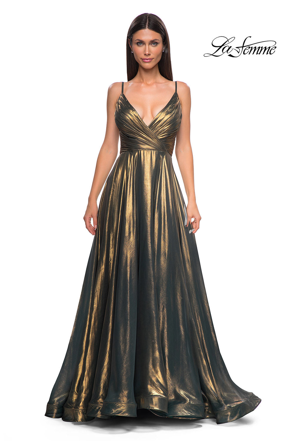 La Femme 32864 prom dress images. La Femme 32864 is available in these colors: Emerald Gold, Light Gold.