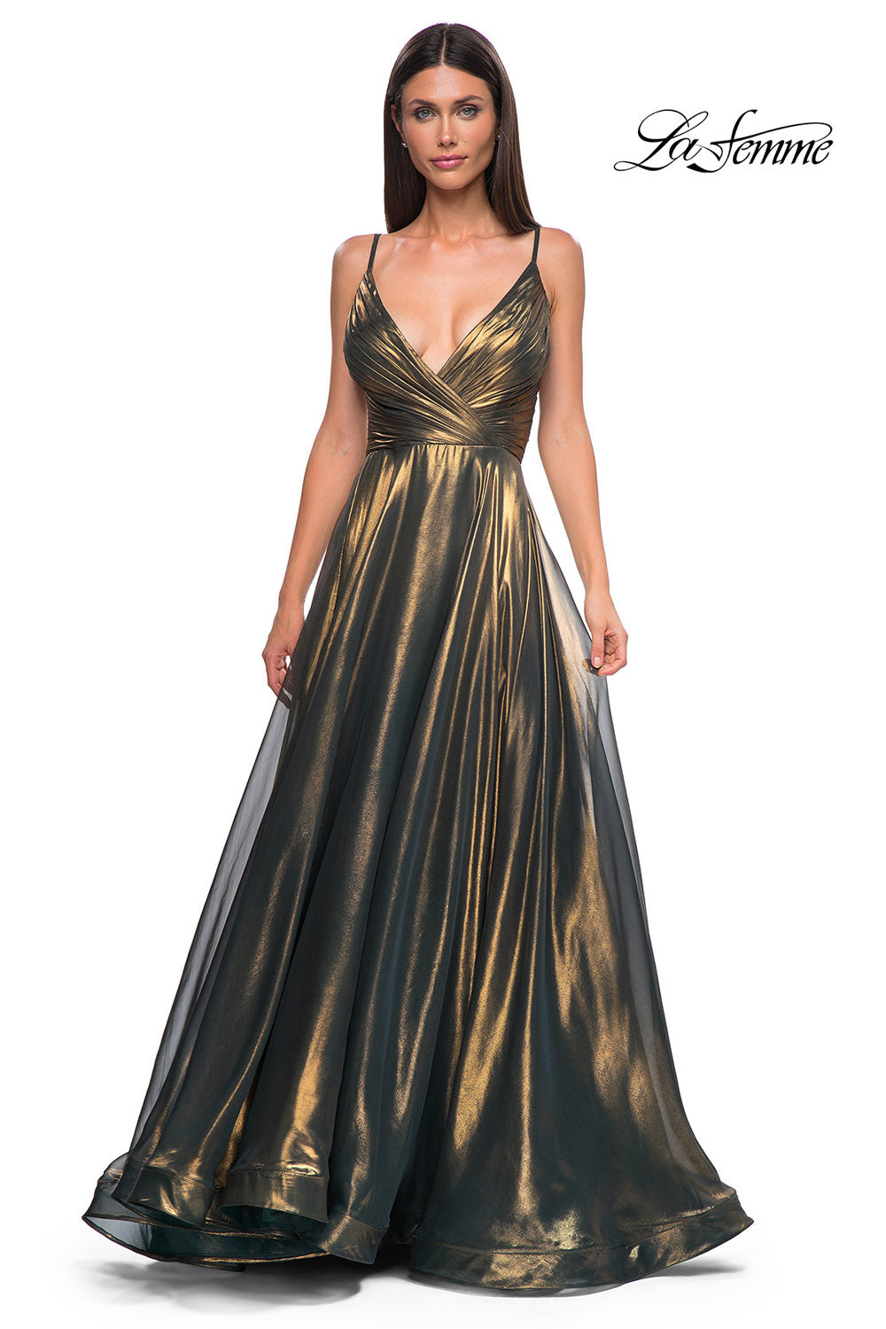 La Femme 32864 prom dress images. La Femme 32864 is available in these colors: Emerald Gold, Light Gold.