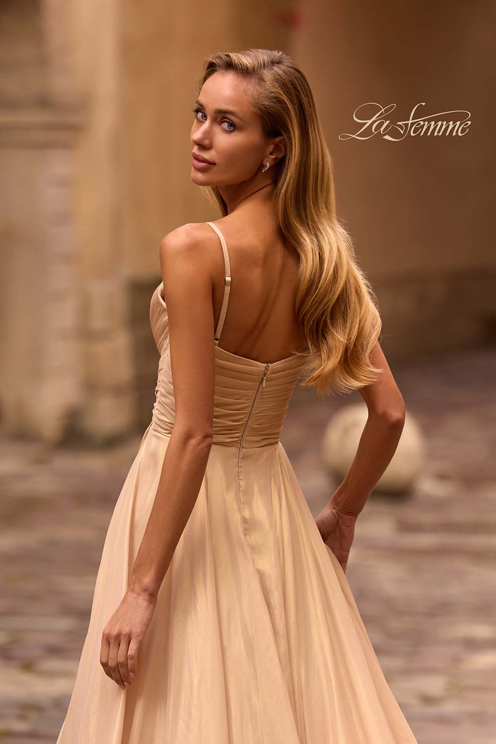 La Femme 32864 prom dress images. La Femme 32864 is available in these colors: Emerald Gold, Light Gold.
