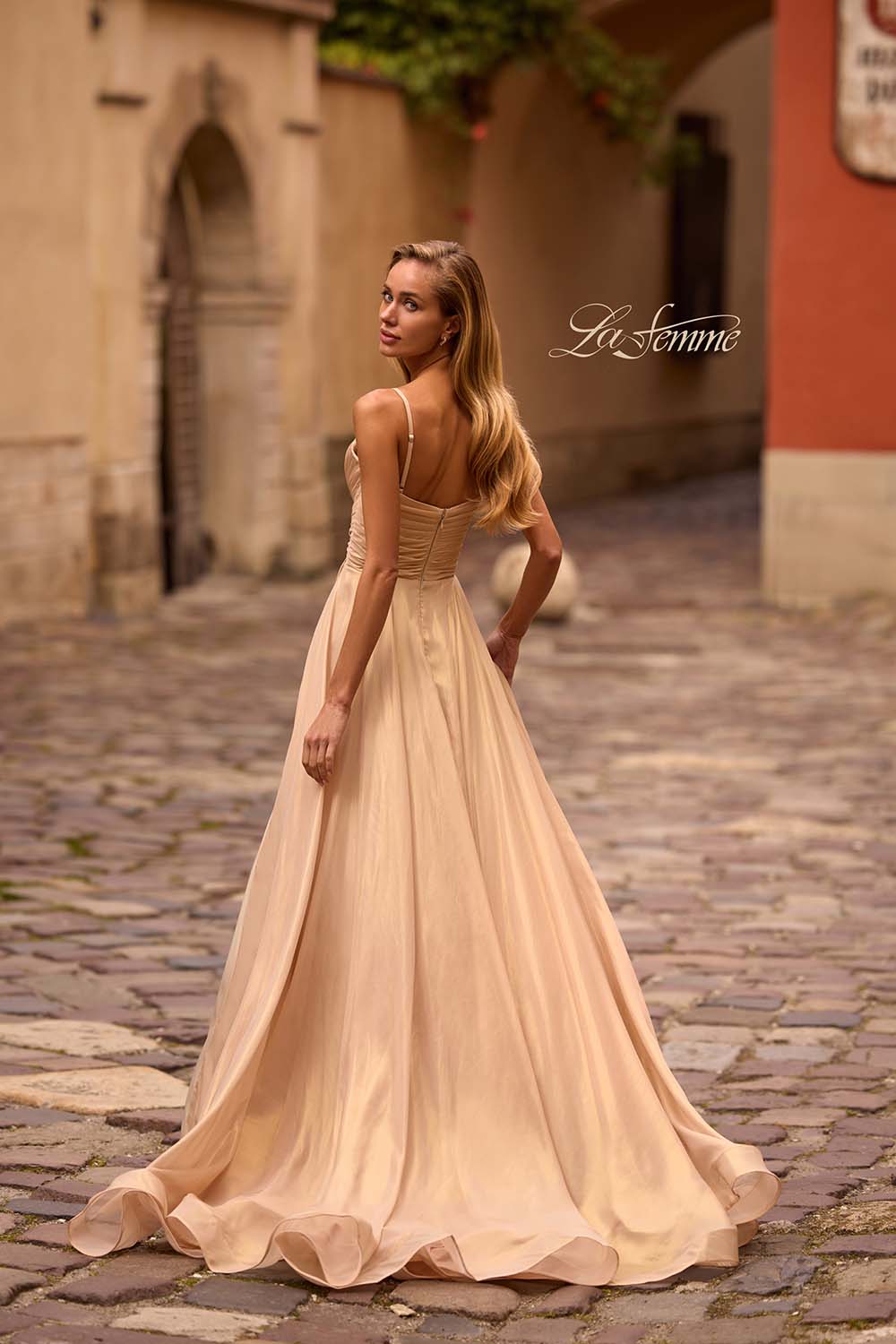 La Femme 32864 prom dress images. La Femme 32864 is available in these colors: Emerald Gold, Light Gold.