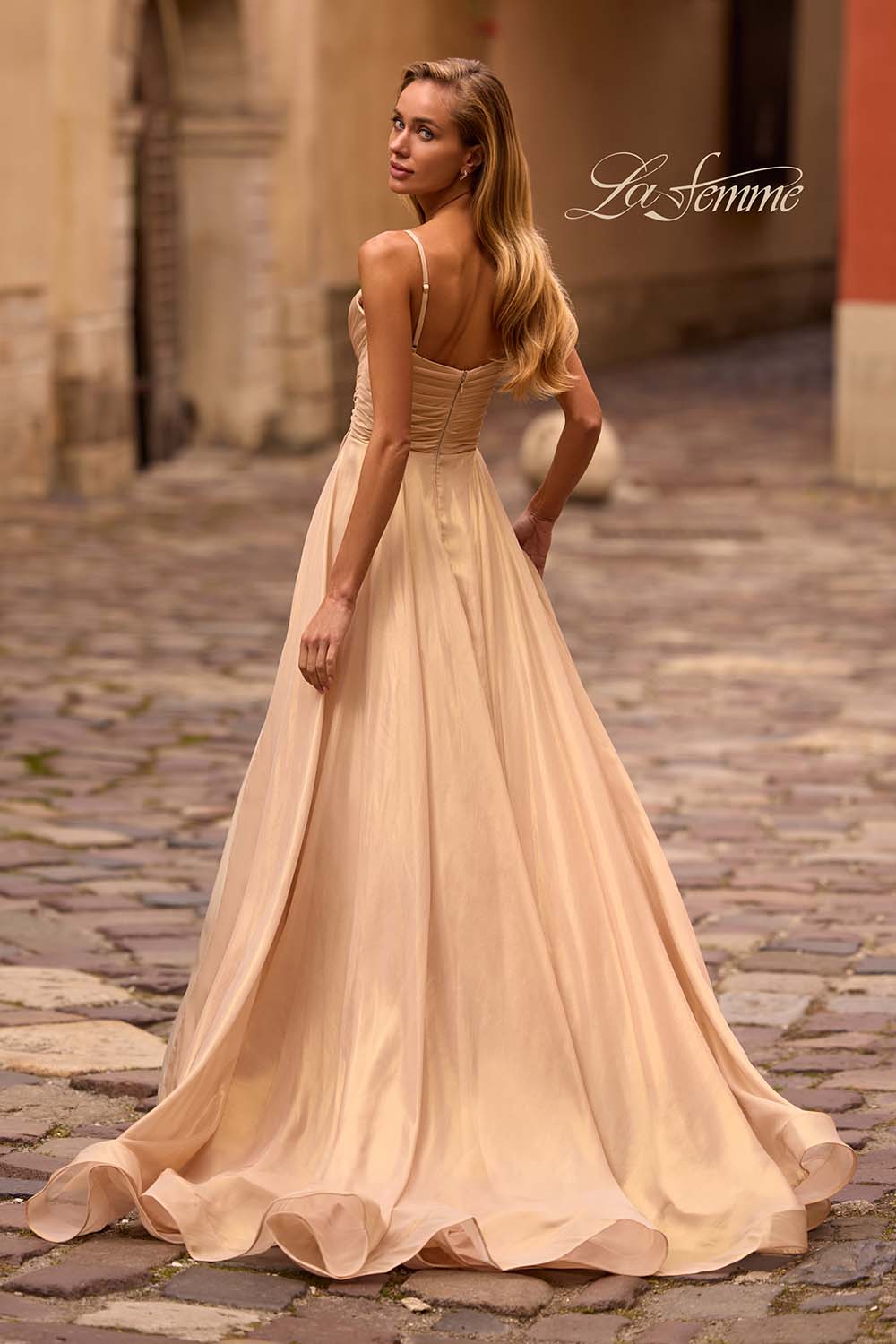 La Femme 32864 prom dress images. La Femme 32864 is available in these colors: Emerald Gold, Light Gold.