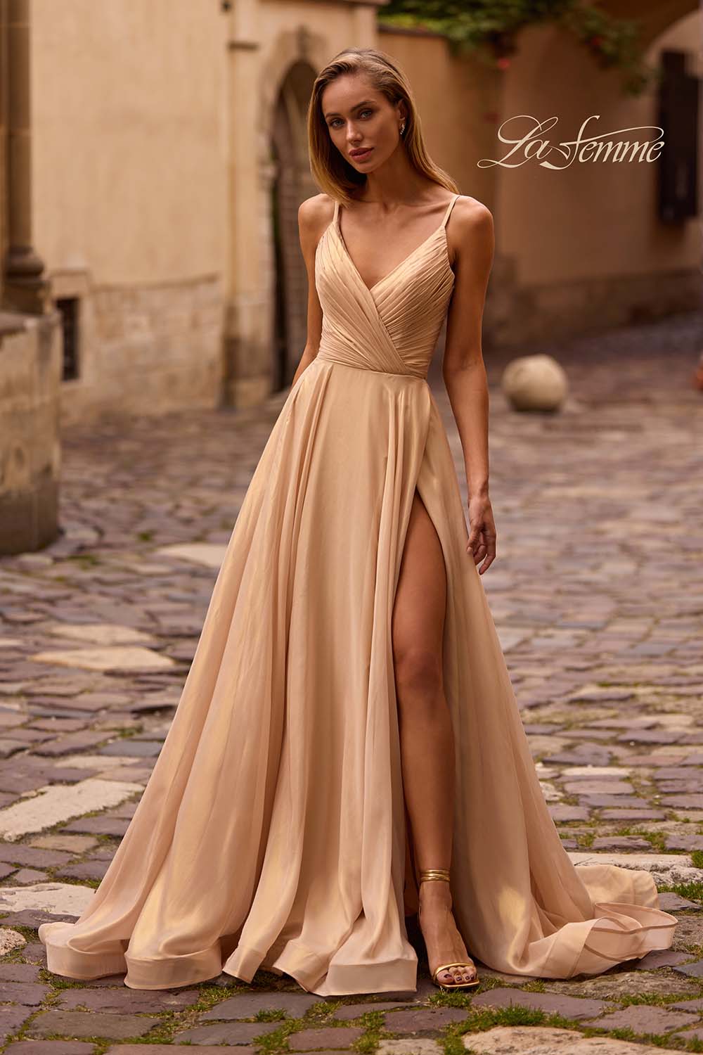La Femme 32864 prom dress images. La Femme 32864 is available in these colors: Emerald Gold, Light Gold.