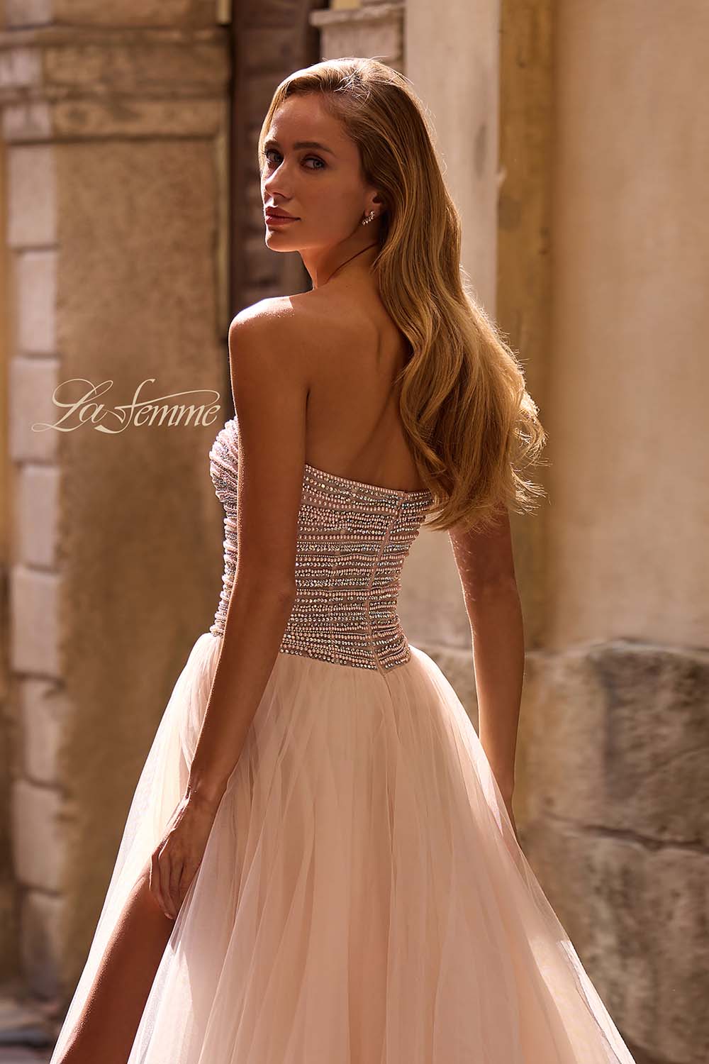 La Femme 32875 prom dress images. La Femme 32875 is available in these colors: Blush, Light Periwinkle.