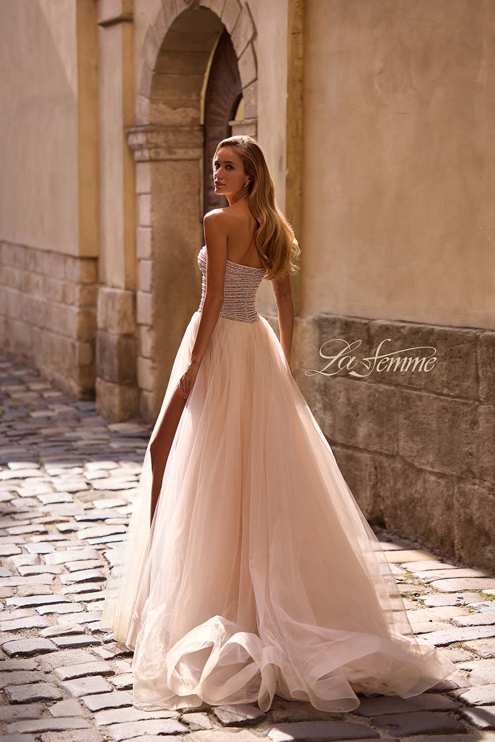 La Femme 32875 prom dress images. La Femme 32875 is available in these colors: Blush, Light Periwinkle.
