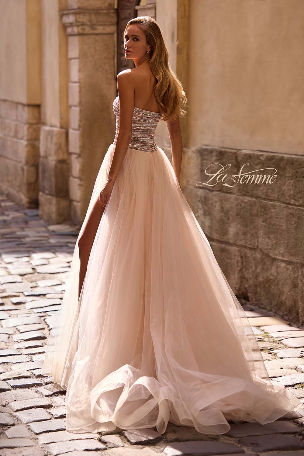 La Femme 32875 prom dress images. La Femme 32875 is available in these colors: Blush, Light Periwinkle.