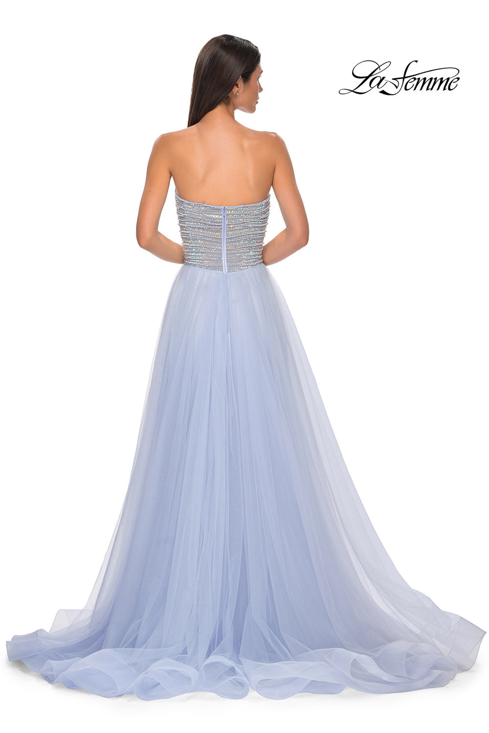 La Femme 32875 prom dress images. La Femme 32875 is available in these colors: Blush, Light Periwinkle.