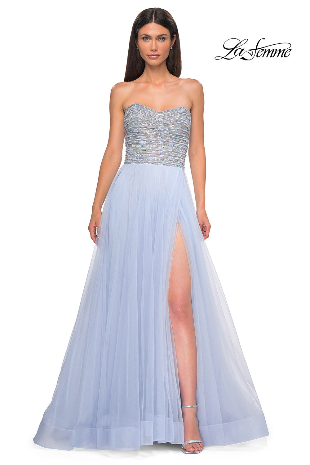 La Femme 32875 prom dress images. La Femme 32875 is available in these colors: Blush, Light Periwinkle.