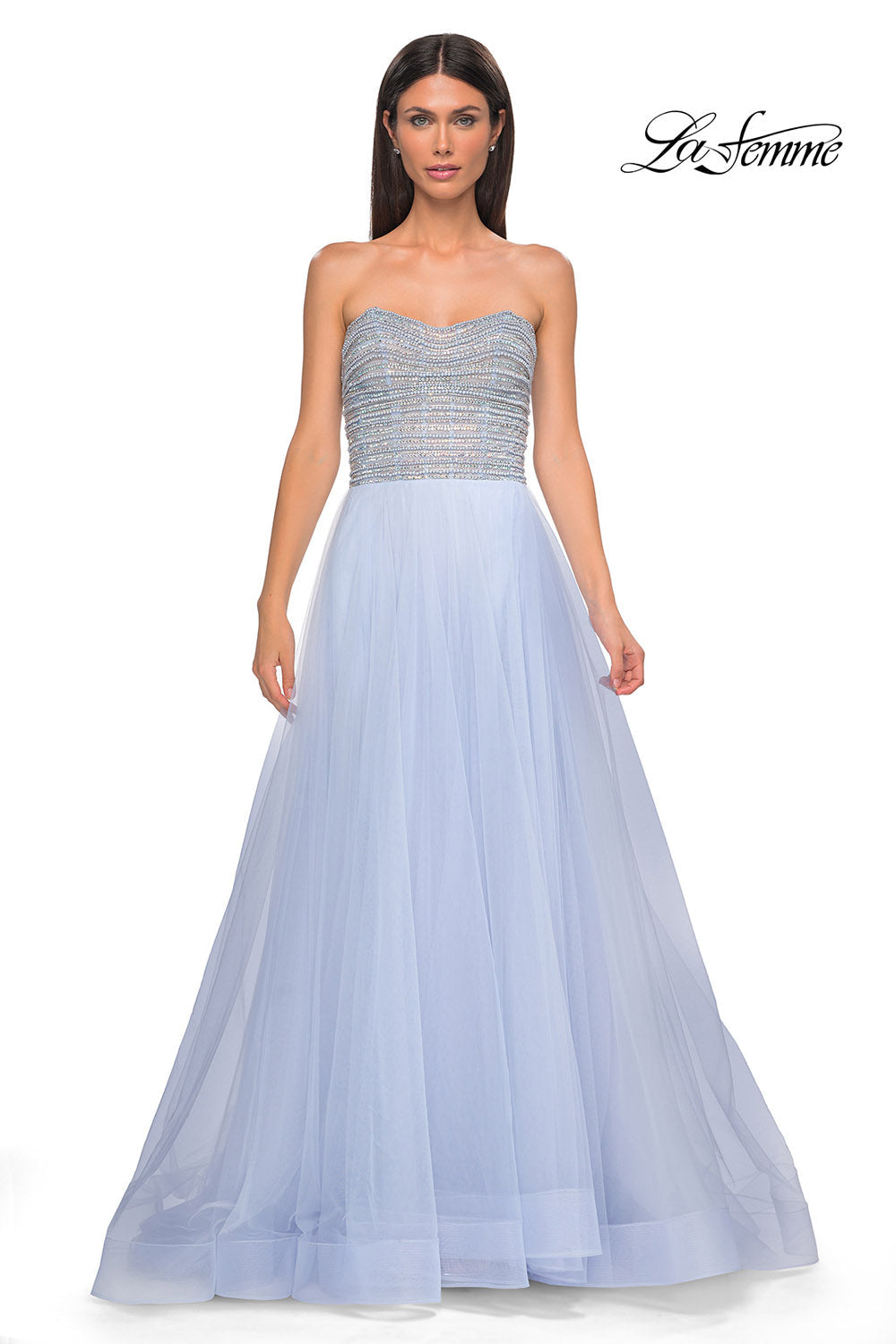 La Femme 32875 prom dress images. La Femme 32875 is available in these colors: Blush, Light Periwinkle.