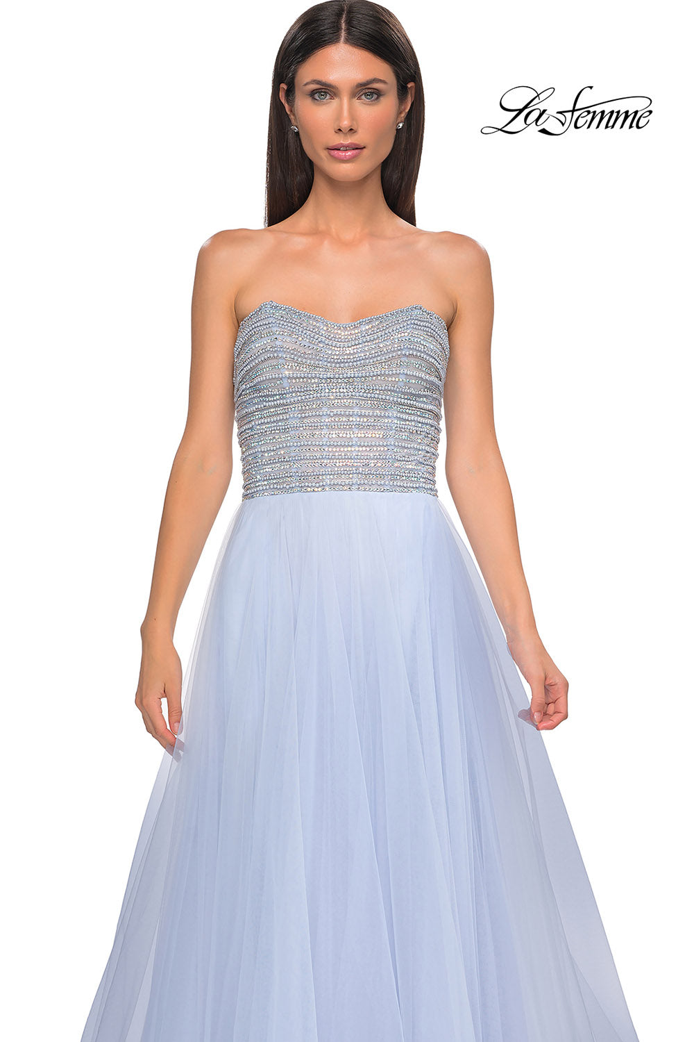 La Femme 32875 prom dress images. La Femme 32875 is available in these colors: Blush, Light Periwinkle.
