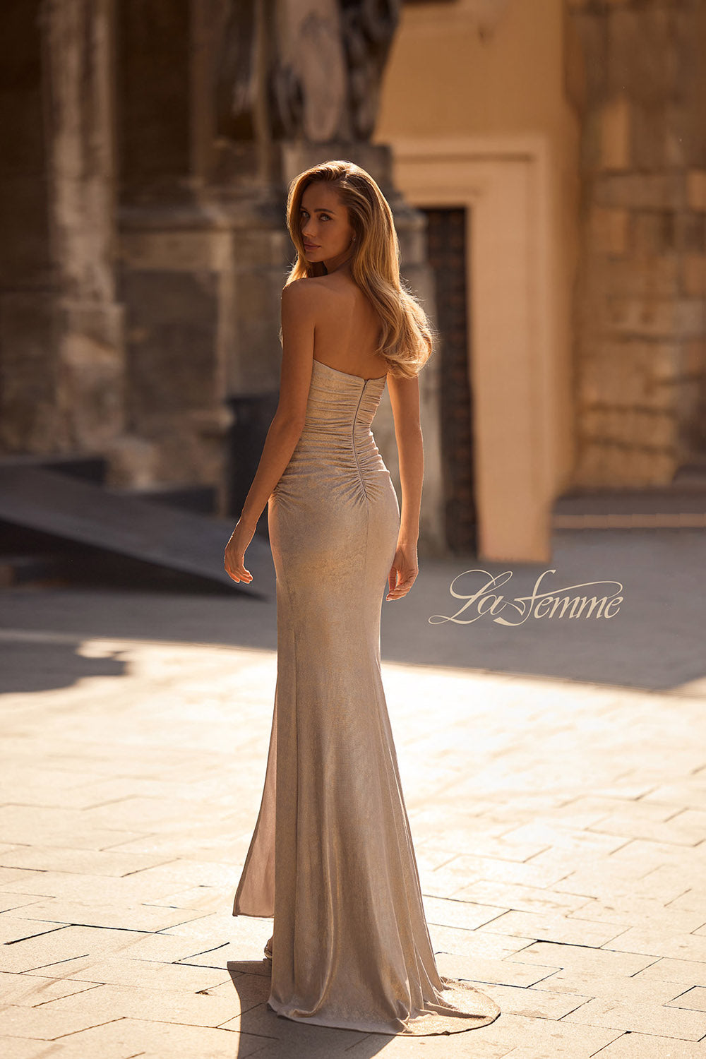 La Femme 32876 prom dress images. La Femme 32876 is available in these colors: Champagne, Dark Teal, Mocha.