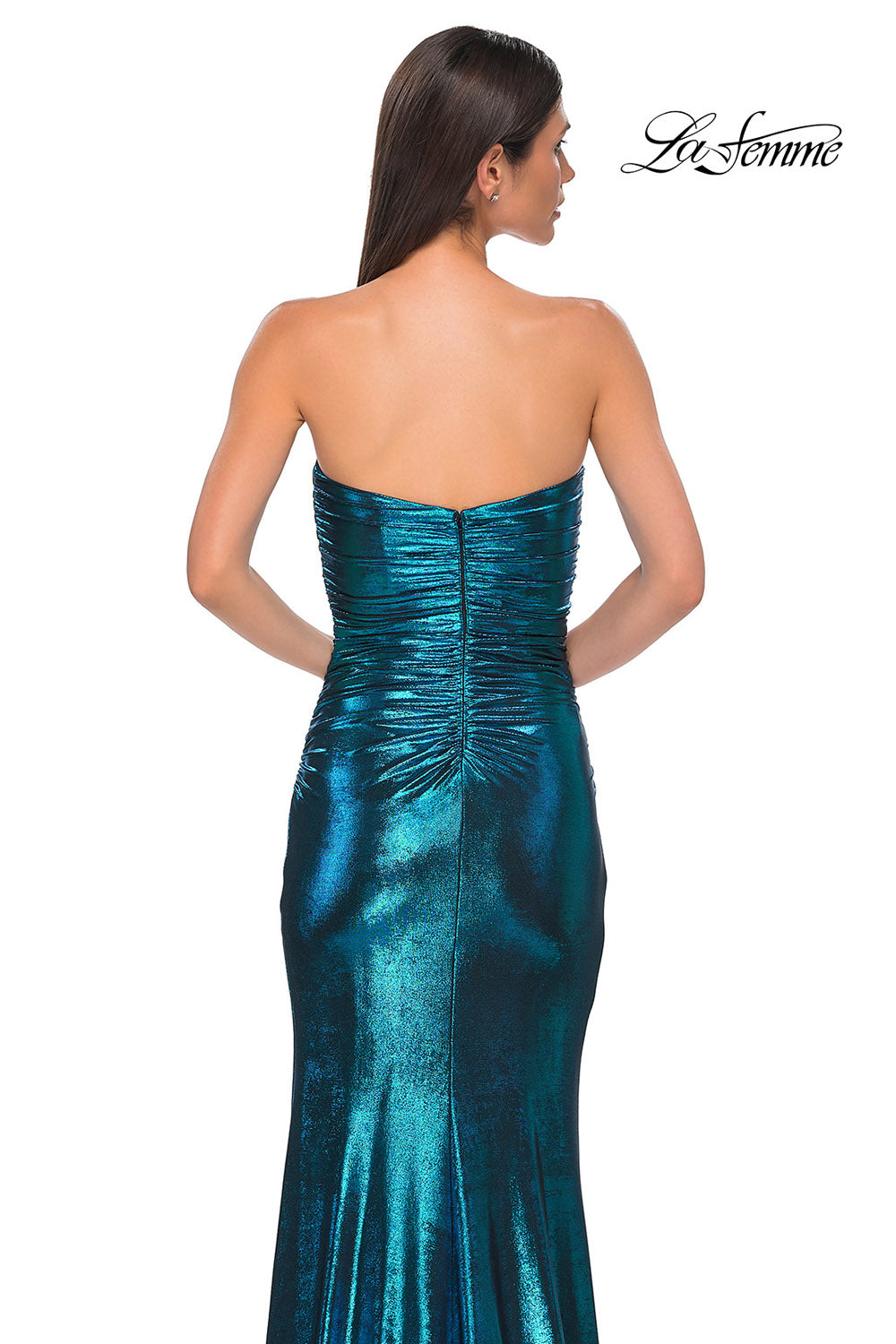 La Femme 32876 prom dress images. La Femme 32876 is available in these colors: Champagne, Dark Teal, Mocha.