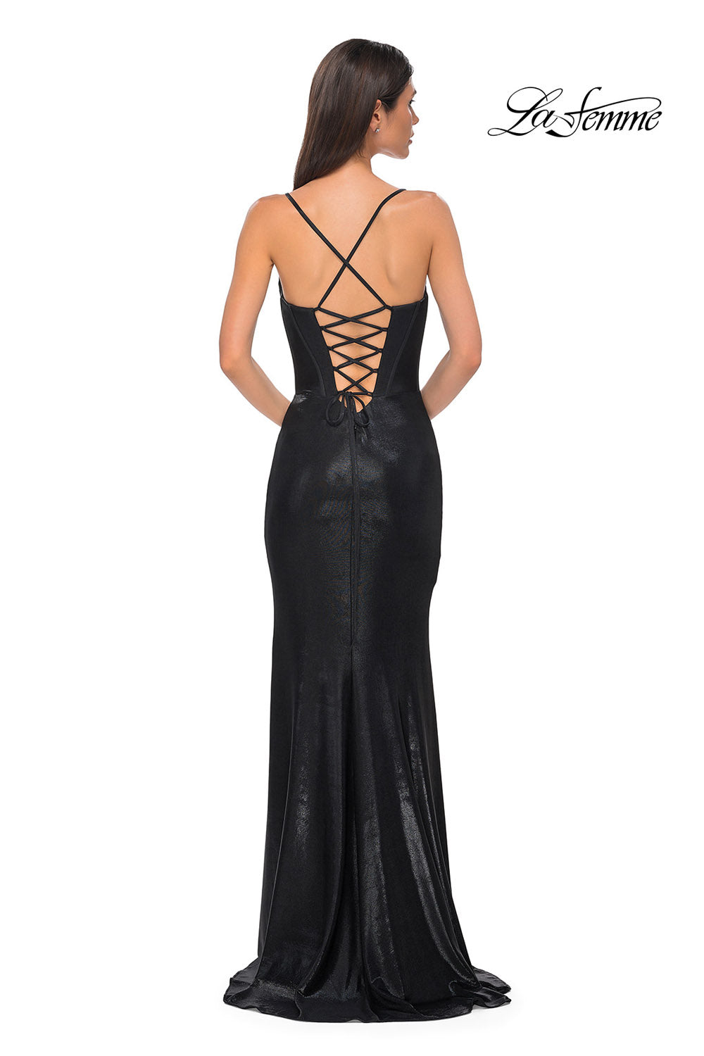 La Femme 32877 prom dress images. La Femme 32877 is available in these colors: Black, Dark Teal, Indigo, Lavender, Penny.