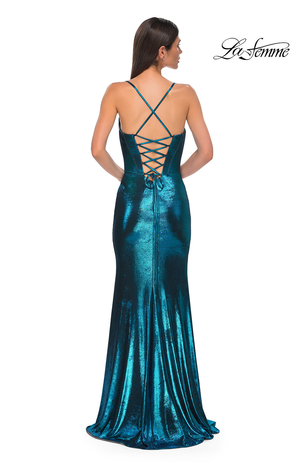 La Femme 32877 prom dress images. La Femme 32877 is available in these colors: Black, Dark Teal, Indigo, Lavender, Penny.