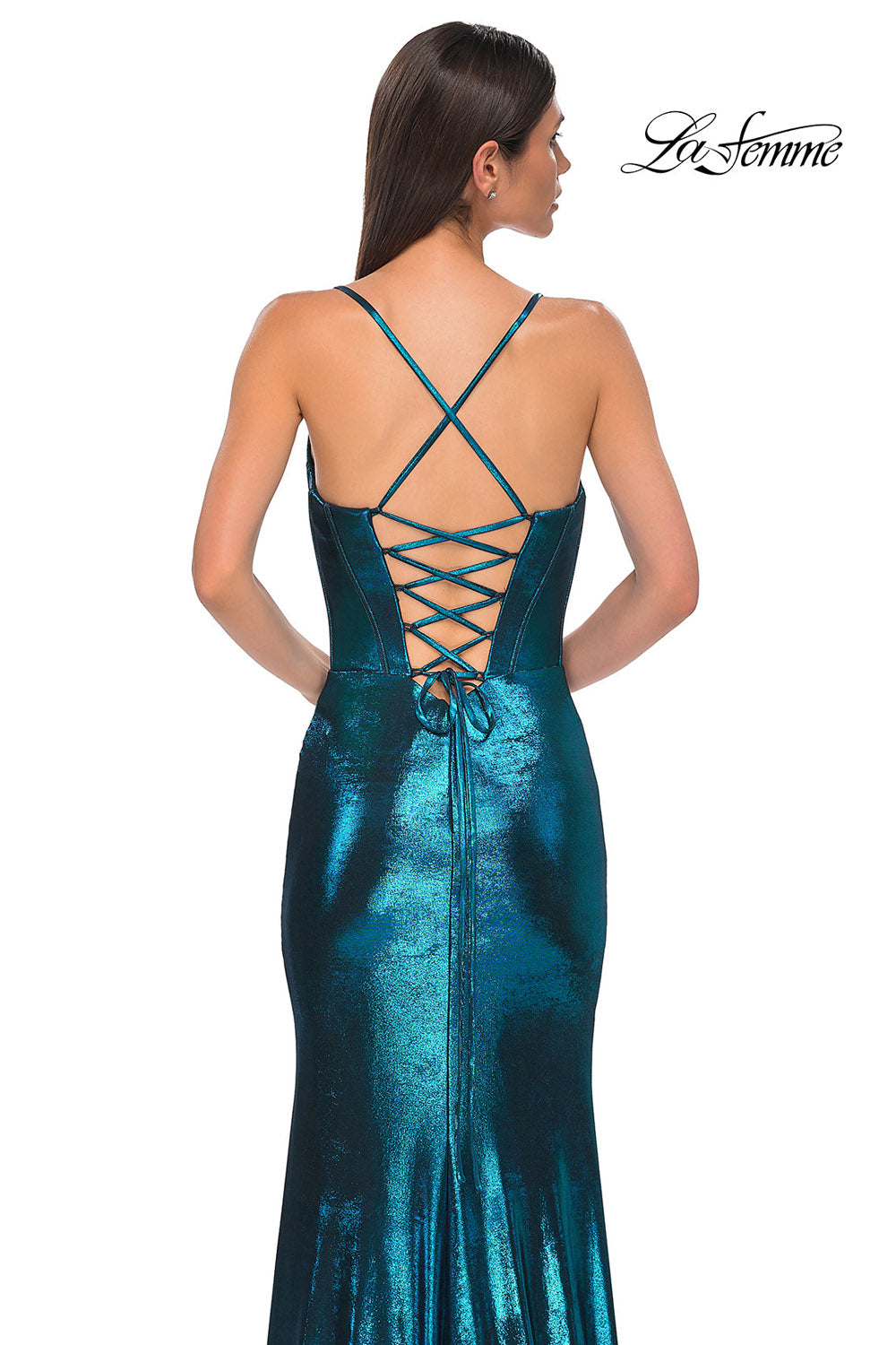 La Femme 32877 prom dress images. La Femme 32877 is available in these colors: Black, Dark Teal, Indigo, Lavender, Penny.