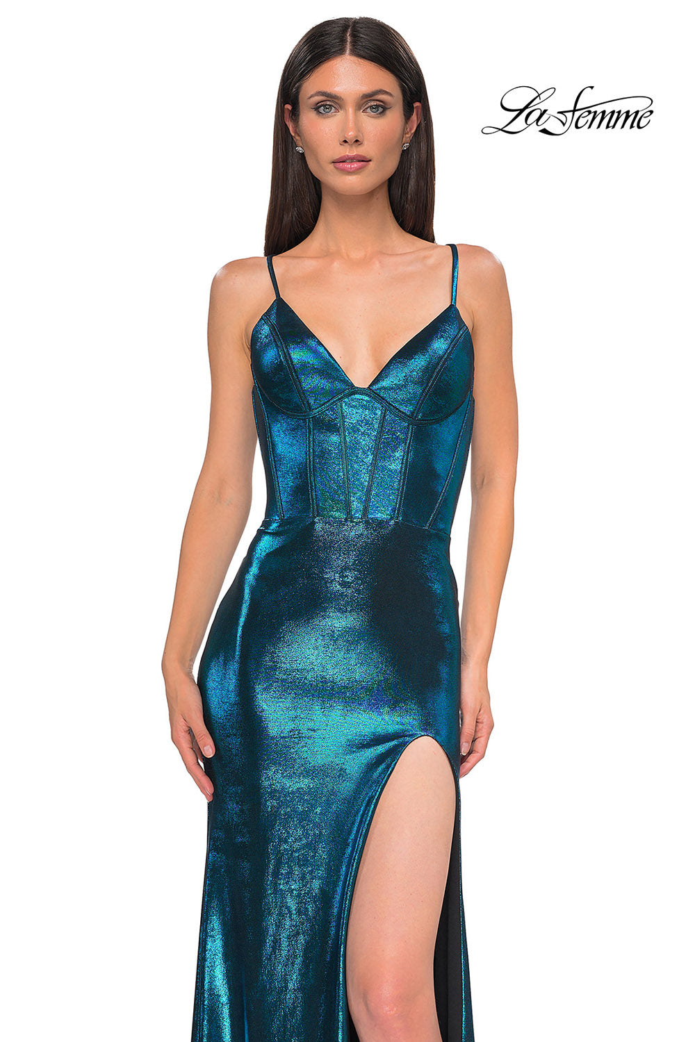 La Femme 32877 prom dress images. La Femme 32877 is available in these colors: Black, Dark Teal, Indigo, Lavender, Penny.