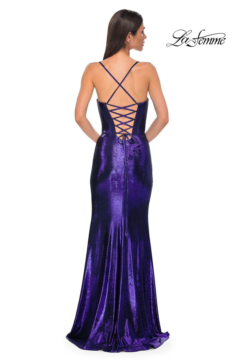 La Femme 32877 prom dress images. La Femme 32877 is available in these colors: Black, Dark Teal, Indigo, Lavender, Penny.