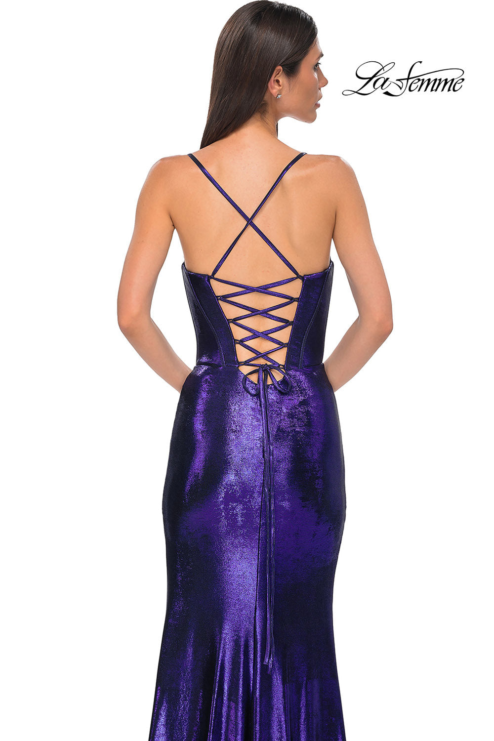 La Femme 32877 prom dress images. La Femme 32877 is available in these colors: Black, Dark Teal, Indigo, Lavender, Penny.