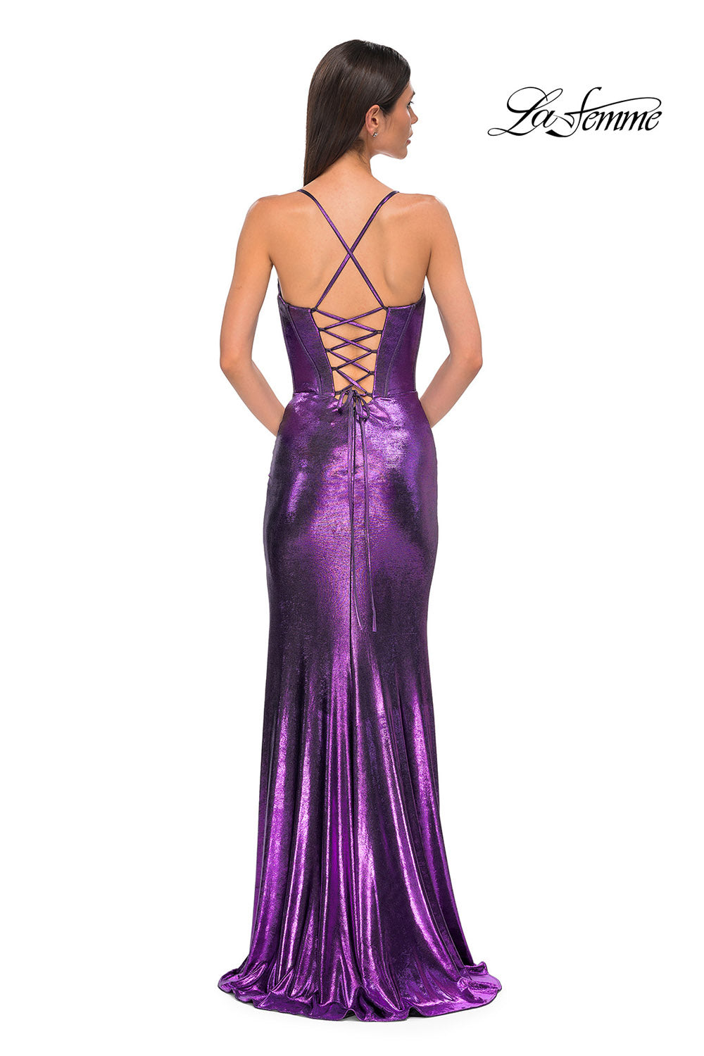 La Femme 32877 prom dress images. La Femme 32877 is available in these colors: Black, Dark Teal, Indigo, Lavender, Penny.