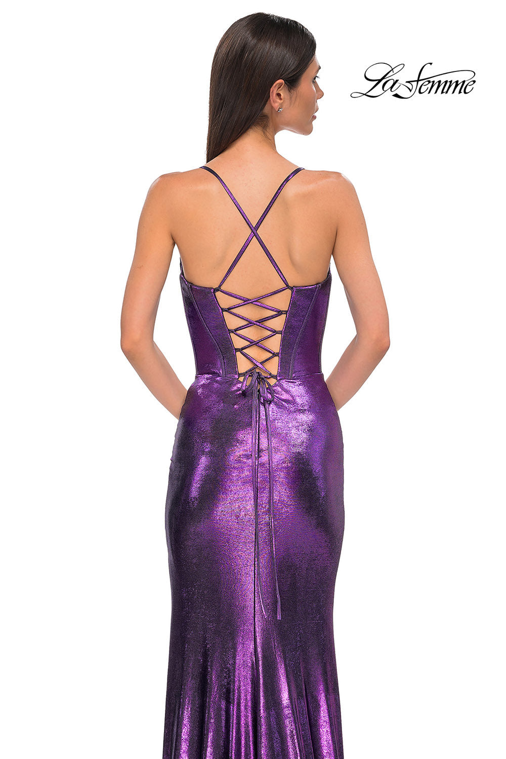 La Femme 32877 prom dress images. La Femme 32877 is available in these colors: Black, Dark Teal, Indigo, Lavender, Penny.