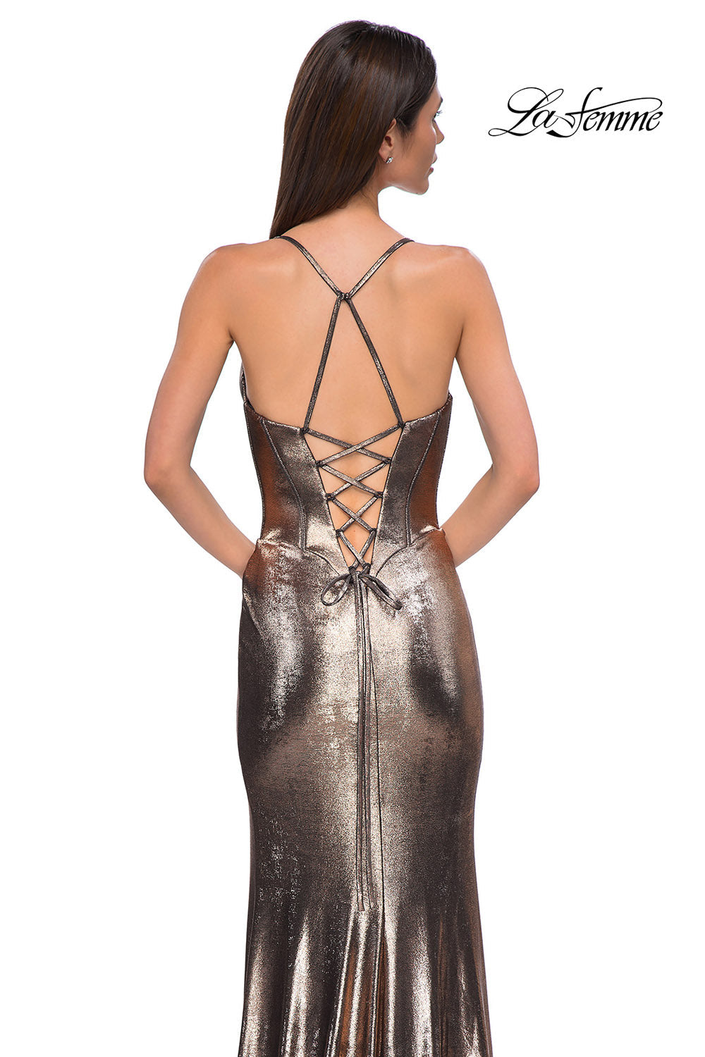 La Femme 32877 prom dress images. La Femme 32877 is available in these colors: Black, Dark Teal, Indigo, Lavender, Penny.