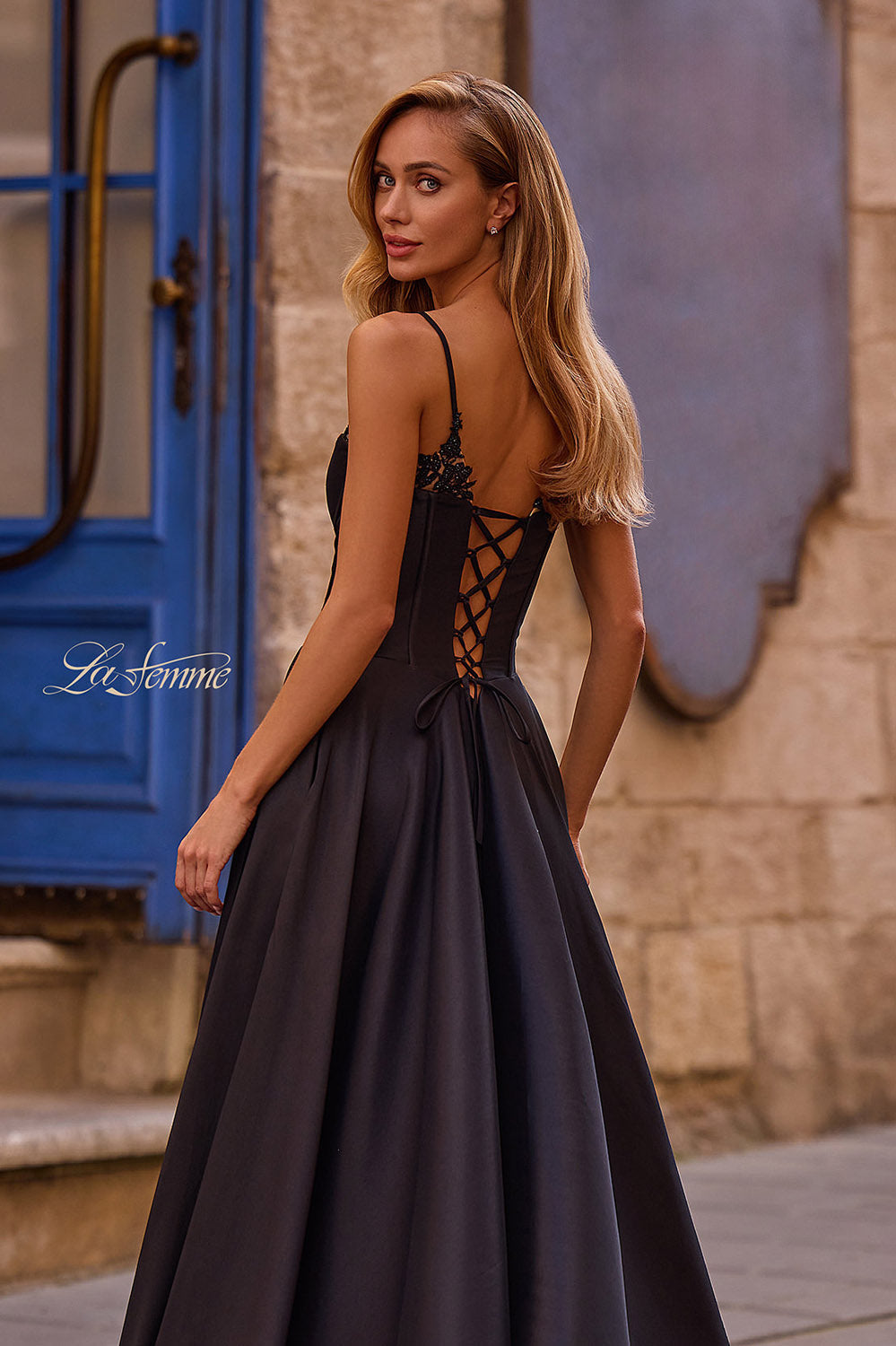 La Femme 32878 prom dress images. La Femme 32878 is available in these colors: Black, Champagne, Emerald, Royal Blue, Wine.