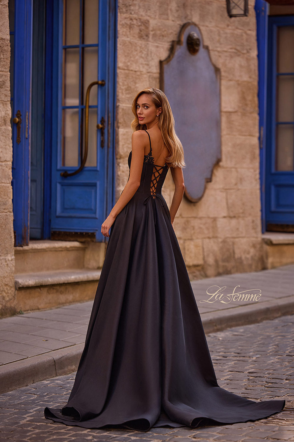 La Femme 32878 prom dress images. La Femme 32878 is available in these colors: Black, Champagne, Emerald, Royal Blue, Wine.