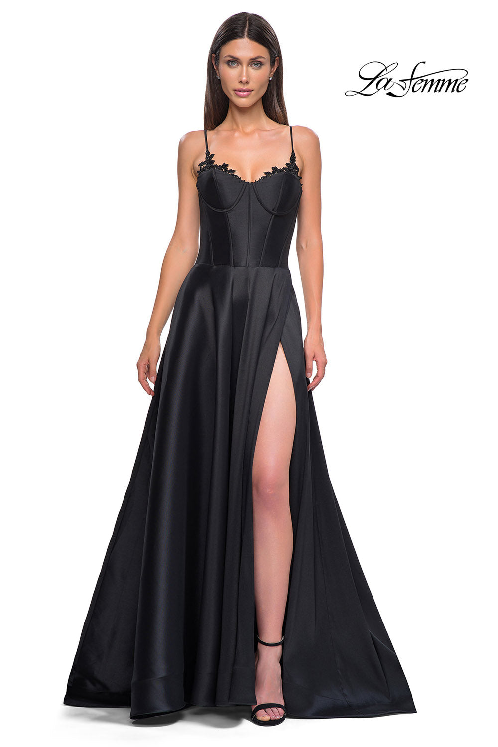 La Femme 32878 prom dress images. La Femme 32878 is available in these colors: Black, Champagne, Emerald, Royal Blue, Wine.