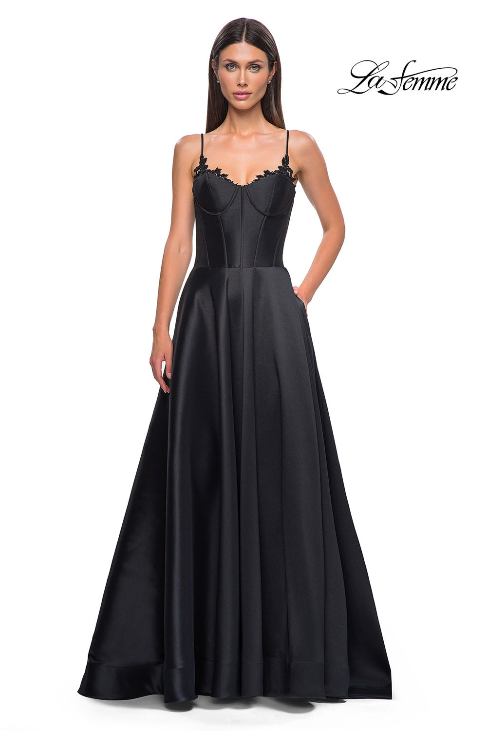 La Femme 32878 prom dress images. La Femme 32878 is available in these colors: Black, Champagne, Emerald, Royal Blue, Wine.